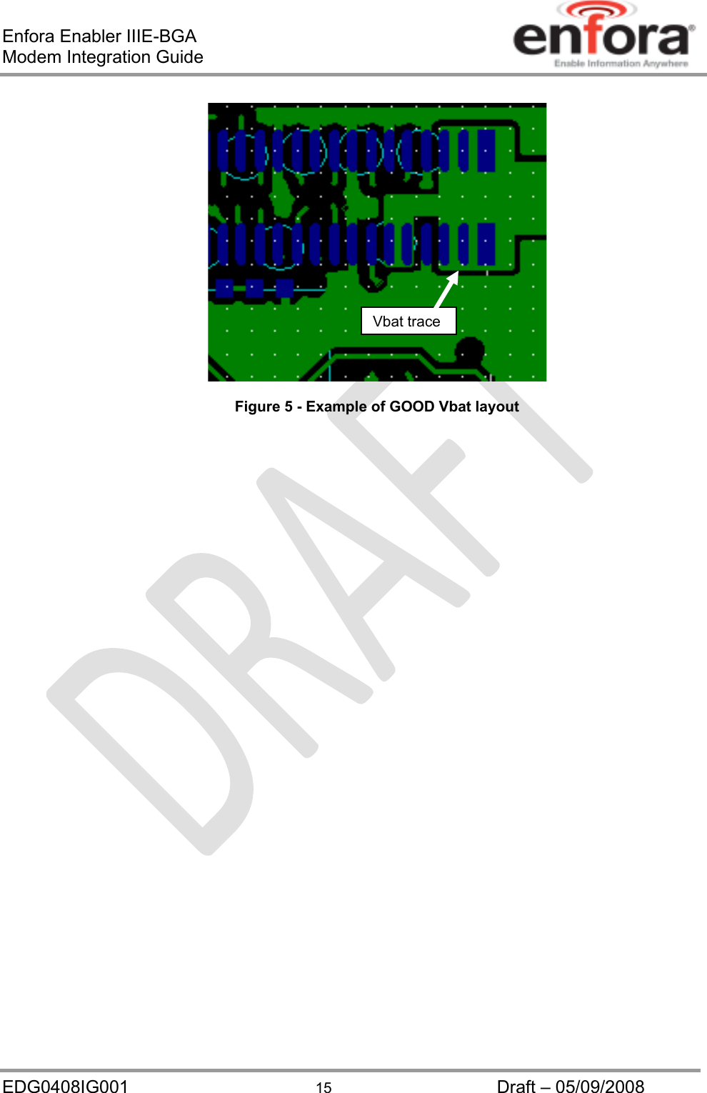 Enfora Enabler IIIE-BGA Modem Integration Guide EDG0408IG001  15  Draft – 05/09/2008  Figure 5 - Example of GOOD Vbat layout Vbat trace