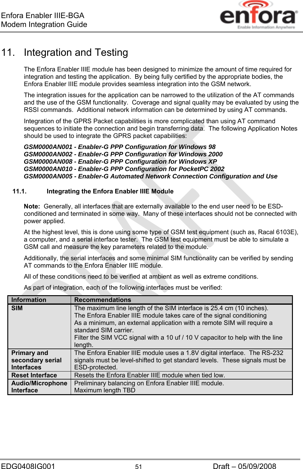 Enfora Enabler IIIE-BGA Modem Integration Guide EDG0408IG001  51  Draft – 05/09/2008 11. Integration and Testing The Enfora Enabler IIIE module has been designed to minimize the amount of time required for integration and testing the application.  By being fully certified by the appropriate bodies, the Enfora Enabler IIIE module provides seamless integration into the GSM network. The integration issues for the application can be narrowed to the utilization of the AT commands and the use of the GSM functionality.  Coverage and signal quality may be evaluated by using the RSSI commands.  Additional network information can be determined by using AT commands. Integration of the GPRS Packet capabilities is more complicated than using AT command sequences to initiate the connection and begin transferring data.  The following Application Notes should be used to integrate the GPRS packet capabilities: GSM0000AN001 - Enabler-G PPP Configuration for Windows 98 GSM0000AN002 - Enabler-G PPP Configuration for Windows 2000 GSM0000AN008 - Enabler-G PPP Configuration for Windows XP GSM0000AN010 - Enabler-G PPP Configuration for PocketPC 2002 GSM0000AN005 - Enabler-G Automated Network Connection Configuration and Use 11.1.  Integrating the Enfora Enabler IIIE Module Note:  Generally, all interfaces that are externally available to the end user need to be ESD-conditioned and terminated in some way.  Many of these interfaces should not be connected with power applied. At the highest level, this is done using some type of GSM test equipment (such as, Racal 6103E), a computer, and a serial interface tester.  The GSM test equipment must be able to simulate a GSM call and measure the key parameters related to the module.   Additionally, the serial interfaces and some minimal SIM functionality can be verified by sending AT commands to the Enfora Enabler IIIE module. All of these conditions need to be verified at ambient as well as extreme conditions. As part of integration, each of the following interfaces must be verified: Information  Recommendations SIM  The maximum line length of the SIM interface is 25.4 cm (10 inches). The Enfora Enabler IIIE module takes care of the signal conditioning As a minimum, an external application with a remote SIM will require a standard SIM carrier. Filter the SIM VCC signal with a 10 uf / 10 V capacitor to help with the line length. Primary and secondary serial Interfaces The Enfora Enabler IIIE module uses a 1.8V digital interface.  The RS-232 signals must be level-shifted to get standard levels.  These signals must be ESD-protected. Reset Interface  Resets the Enfora Enabler IIIE module when tied low. Audio/Microphone Interface Preliminary balancing on Enfora Enabler IIIE module. Maximum length TBD 