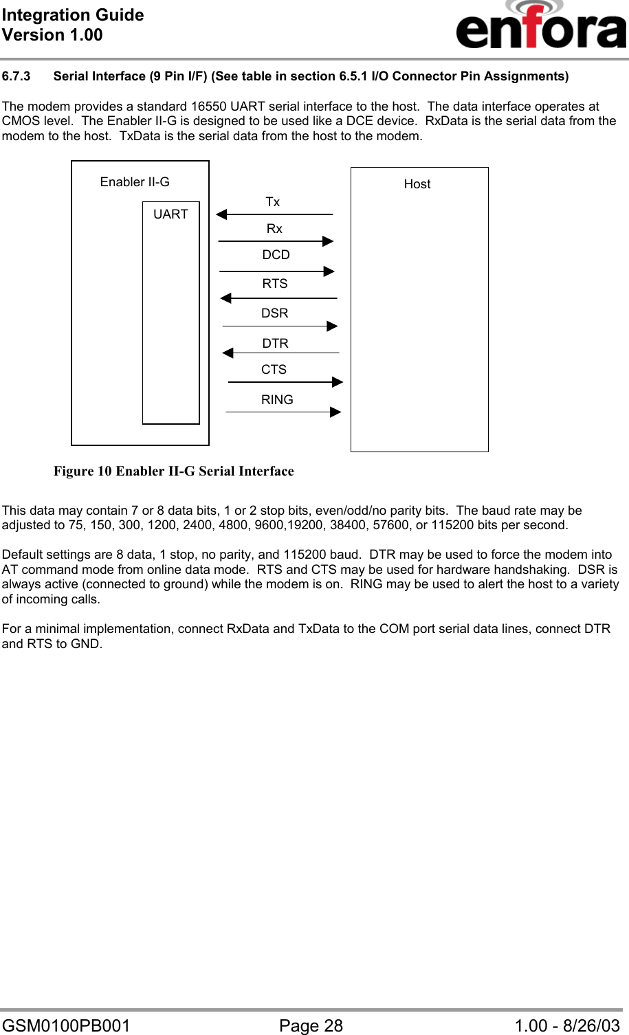 Integration Guide  Version 1.00   GSM0100PB001  Page 28  1.00 - 8/26/03 6.7.3  Serial Interface (9 Pin I/F) (See table in section 6.5.1 I/O Connector Pin Assignments)  The modem provides a standard 16550 UART serial interface to the host.  The data interface operates at CMOS level.  The Enabler II-G is designed to be used like a DCE device.  RxData is the serial data from the modem to the host.  TxData is the serial data from the host to the modem.                         Figure 10 Enabler II-G Serial Interface  This data may contain 7 or 8 data bits, 1 or 2 stop bits, even/odd/no parity bits.  The baud rate may be adjusted to 75, 150, 300, 1200, 2400, 4800, 9600,19200, 38400, 57600, or 115200 bits per second.  Default settings are 8 data, 1 stop, no parity, and 115200 baud.  DTR may be used to force the modem into AT command mode from online data mode.  RTS and CTS may be used for hardware handshaking.  DSR is always active (connected to ground) while the modem is on.  RING may be used to alert the host to a variety of incoming calls.  For a minimal implementation, connect RxData and TxData to the COM port serial data lines, connect DTR and RTS to GND.  RINGCTS DTR DSR RTS RxTxEnabler II-G UART DCD Host 