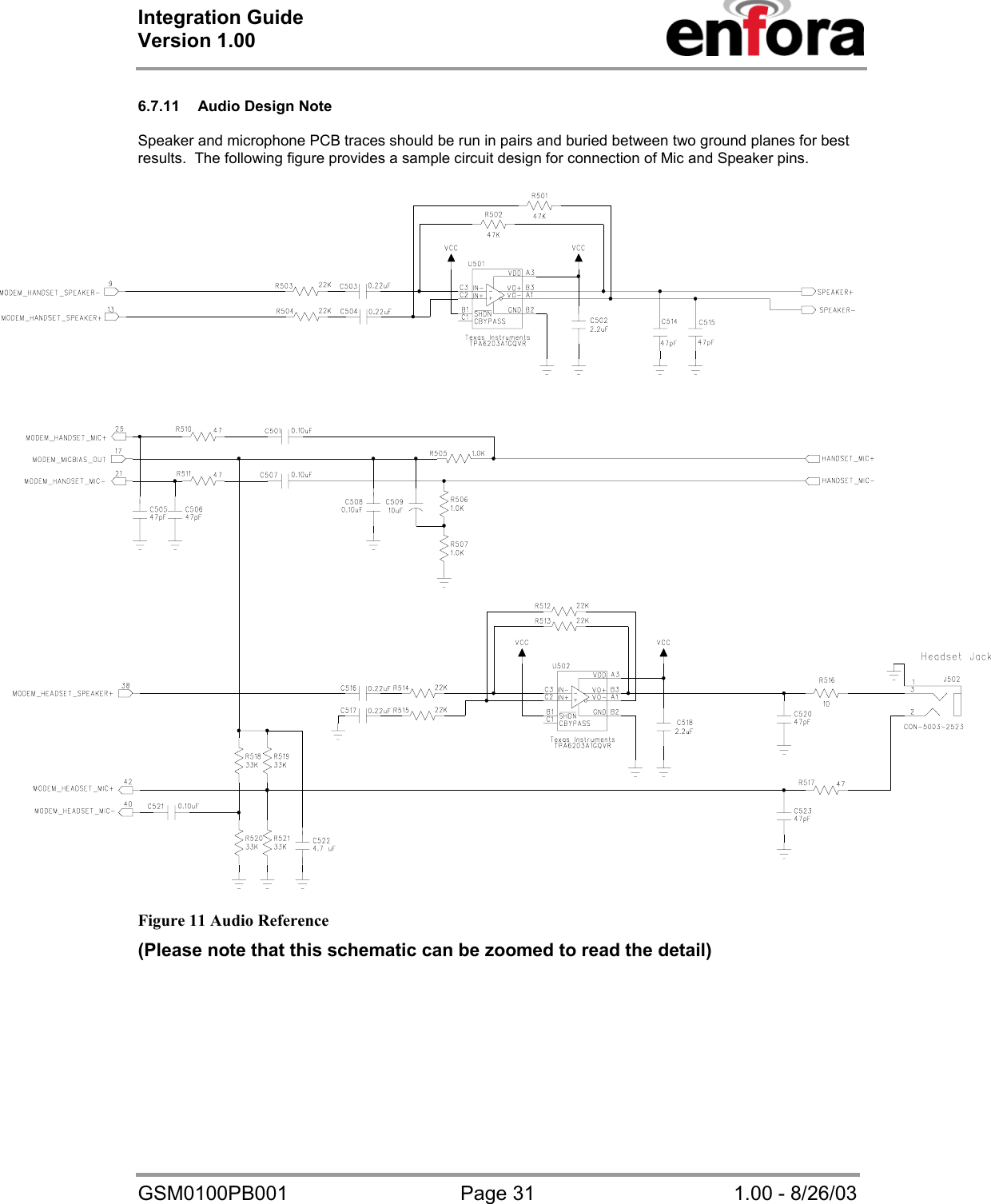 Integration Guide  Version 1.00   GSM0100PB001  Page 31  1.00 - 8/26/03  6.7.11  Audio Design Note  Speaker and microphone PCB traces should be run in pairs and buried between two ground planes for best results.  The following figure provides a sample circuit design for connection of Mic and Speaker pins.   Figure 11 Audio Reference (Please note that this schematic can be zoomed to read the detail) 