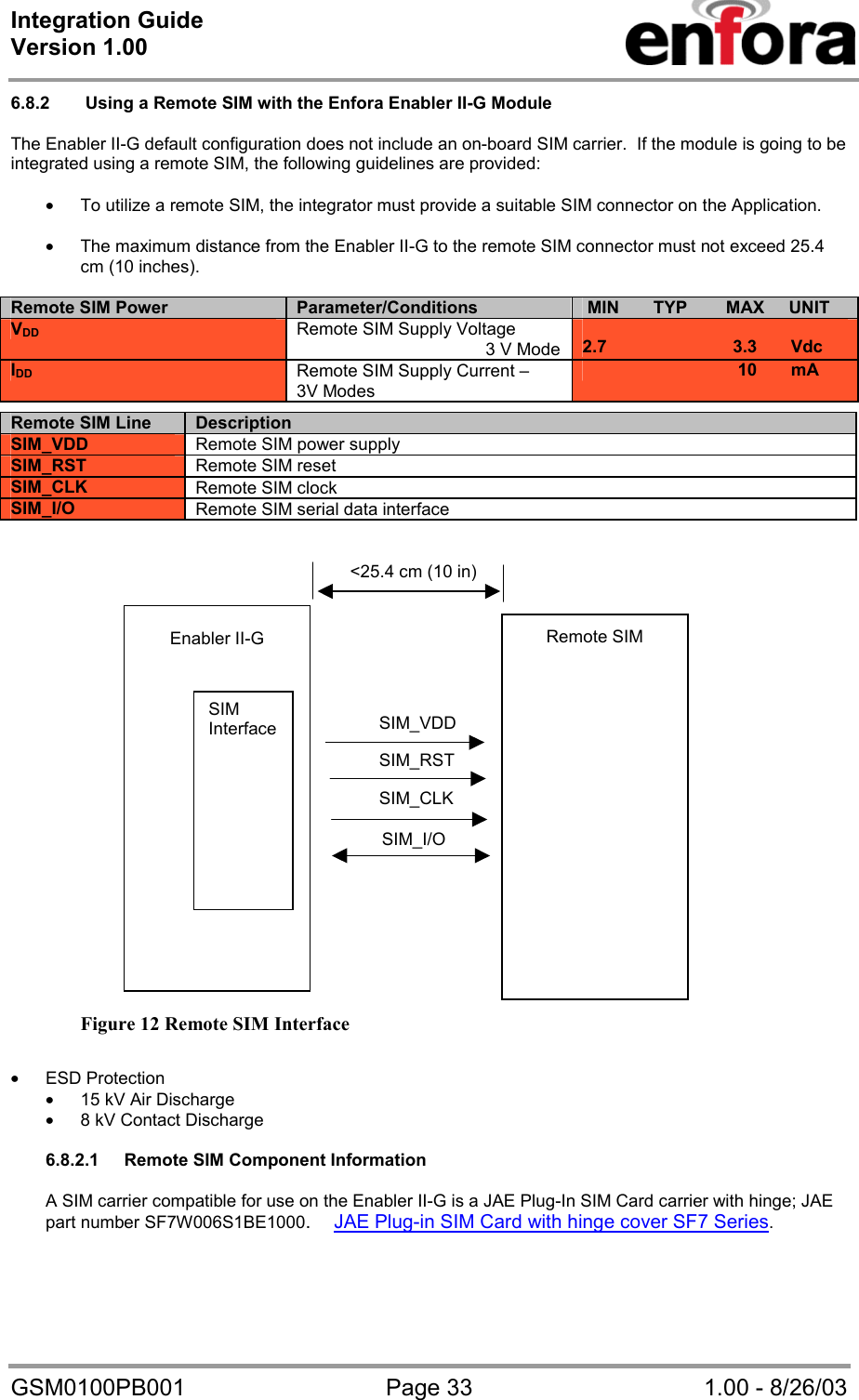 Integration Guide  Version 1.00   GSM0100PB001  Page 33  1.00 - 8/26/03 6.8.2   Using a Remote SIM with the Enfora Enabler II-G Module  The Enabler II-G default configuration does not include an on-board SIM carrier.  If the module is going to be integrated using a remote SIM, the following guidelines are provided:  • To utilize a remote SIM, the integrator must provide a suitable SIM connector on the Application.  • The maximum distance from the Enabler II-G to the remote SIM connector must not exceed 25.4 cm (10 inches).  Remote SIM Power Parameter/Conditions  MIN       TYP        MAX     UNIT VDD  Remote SIM Supply Voltage                                        3 V Mode  2.7                          3.3       Vdc        IDD Remote SIM Supply Current –  3V Modes                                 10       mA                           Figure 12 Remote SIM Interface  • ESD Protection • 15 kV Air Discharge • 8 kV Contact Discharge  6.8.2.1  Remote SIM Component Information  A SIM carrier compatible for use on the Enabler II-G is a JAE Plug-In SIM Card carrier with hinge; JAE part number SF7W006S1BE1000.JAE Plug-in SIM Card with hinge cover SF7 Series.   Remote SIM Line Description SIM_VDD Remote SIM power supply SIM_RST  Remote SIM reset SIM_CLK  Remote SIM clock SIM_I/O  Remote SIM serial data interface SIM_CLK&lt;25.4 cm (10 in)SIM_I/OSIM_RSTSIM_VDDEnabler II-G SIM Interface Remote SIM 