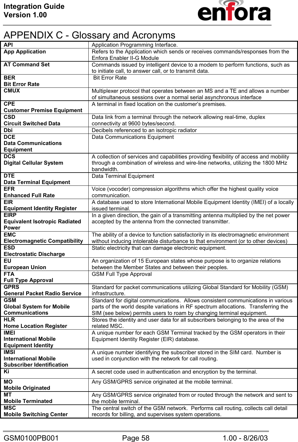Integration Guide  Version 1.00   GSM0100PB001  Page 58  1.00 - 8/26/03 APPENDIX C - Glossary and Acronyms API  Application Programming Interface. App Application Refers to the Application which sends or receives commands/responses from the Enfora Enabler II-G Module AT Command Set  Commands issued by intelligent device to a modem to perform functions, such as to initiate call, to answer call, or to transmit data. BER Bit Error Rate  Bit Error Rate CMUX  Multiplexer protocol that operates between an MS and a TE and allows a number of simultaneous sessions over a normal serial asynchronous interface CPE Customer Premise Equipment A terminal in fixed location on the customer’s premises. CSD Circuit Switched Data Data link from a terminal through the network allowing real-time, duplex connectivity at 9600 bytes/second. Dbi Decibels referenced to an isotropic radiator DCE Data Communications Equipment Data Communications Equipment DCS Digital Cellular System A collection of services and capabilities providing flexibility of access and mobility through a combination of wireless and wire-line networks, utilizing the 1800 MHz bandwidth. DTE Data Terminal Equipment Data Terminal Equipment EFR Enhanced Full Rate Voice (vocoder) compression algorithms which offer the highest quality voice communication. EIR Equipment Identity Register A database used to store International Mobile Equipment Identity (IMEI) of a locally issued terminal. EIRP Equivalent Isotropic Radiated Power In a given direction, the gain of a transmitting antenna multiplied by the net power accepted by the antenna from the connected transmitter. EMC Electromagnetic Compatibility The ability of a device to function satisfactorily in its electromagnetic environment without inducing intolerable disturbance to that environment (or to other devices) ESD Electrostatic Discharge Static electricity that can damage electronic equipment. EU European Union An organization of 15 European states whose purpose is to organize relations between the Member States and between their peoples. FTA Full Type Approval GSM Full Type Approval GPRS General Packet Radio Service Standard for packet communications utilizing Global Standard for Mobility (GSM) infrastructure. GSM Global System for Mobile Communications Standard for digital communications.  Allows consistent communications in various parts of the world despite variations in RF spectrum allocations.  Transferring the SIM (see below) permits users to roam by changing terminal equipment. HLR Home Location Register Stores the identity and user data for all subscribers belonging to the area of the related MSC.  IMEI International Mobile Equipment Identity A unique number for each GSM Terminal tracked by the GSM operators in their Equipment Identity Register (EIR) database. IMSI International Mobile Subscriber Identification A unique number identifying the subscriber stored in the SIM card.  Number is used in conjunction with the network for call routing. Ki A secret code used in authentication and encryption by the terminal. MO Mobile Originated Any GSM/GPRS service originated at the mobile terminal. MT Mobile Terminated Any GSM/GPRS service originated from or routed through the network and sent to the mobile terminal. MSC Mobile Switching Center The central switch of the GSM network.  Performs call routing, collects call detail records for billing, and supervises system operations. 