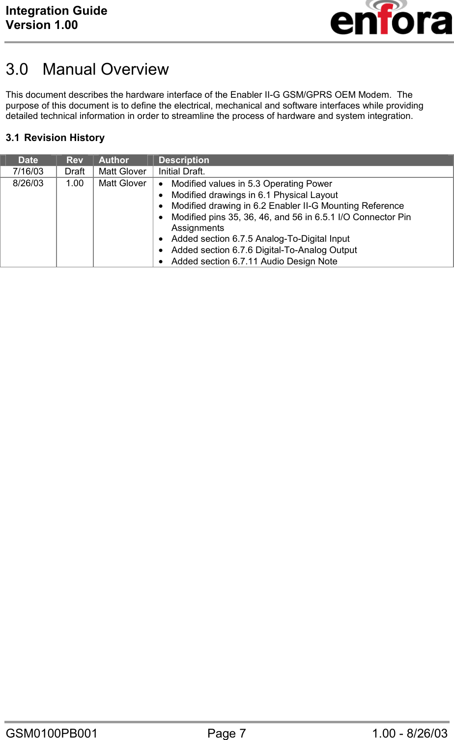 Integration Guide  Version 1.00   GSM0100PB001  Page 7  1.00 - 8/26/03  3.0 Manual Overview  This document describes the hardware interface of the Enabler II-G GSM/GPRS OEM Modem.  The purpose of this document is to define the electrical, mechanical and software interfaces while providing detailed technical information in order to streamline the process of hardware and system integration.  3.1 Revision History  Date  Rev  Author  Description 7/16/03  Draft  Matt Glover  Initial Draft. 8/26/03 1.00 Matt Glover • Modified values in 5.3 Operating Power • Modified drawings in 6.1 Physical Layout • Modified drawing in 6.2 Enabler II-G Mounting Reference • Modified pins 35, 36, 46, and 56 in 6.5.1 I/O Connector Pin Assignments • Added section 6.7.5 Analog-To-Digital Input • Added section 6.7.6 Digital-To-Analog Output • Added section 6.7.11 Audio Design Note 