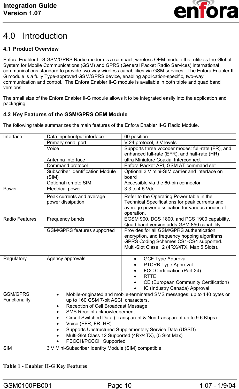 Integration Guide  Version 1.07   GSM0100PB001  Page 10  1.07 - 1/9/04  4.0 Introduction  4.1 Product Overview  Enfora Enabler II-G GSM/GPRS Radio modem is a compact, wireless OEM module that utilizes the Global System for Mobile Communications (GSM) and GPRS (General Packet Radio Services) international communications standard to provide two-way wireless capabilities via GSM services.  The Enfora Enabler II-G module is a fully Type-approved GSM/GPRS device, enabling application-specific, two-way communication and control.  The Enfora Enabler II-G module is available in both triple and quad band versions.  The small size of the Enfora Enabler II-G module allows it to be integrated easily into the application and packaging.  4.2  Key Features of the GSM/GPRS OEM Module  The following table summarizes the main features of the Enfora Enabler II-G Radio Module.  Data input/output interface  60 position Primary serial port  V.24 protocol, 3 V levels Voice  Supports three vocoder modes: full-rate (FR), and enhanced full-rate (EFR), and half-rate (HR) Antenna Interface  ultra Miniature Coaxial Interconnect Command protocol  Enfora Packet API, GSM AT command set Subscriber Identification Module (SIM) Optional 3 V mini-SIM carrier and interface on board Interface Optional remote SIM  Accessible via the 60-pin connector Electrical power  3.3 to 4.5 Vdc Power   Peak currents and average power dissipation Refer to the Operating Power table in the Technical Specifications for peak currents and average power dissipation for various modes of operation. Frequency bands  EGSM 900, DCS 1800, and PCS 1900 capability.  Quad band version adds GSM 850 capability. Radio Features GSM/GPRS features supported  Provides for all GSM/GPRS authentication, encryption, and frequency hopping algorithms.  GPRS Coding Schemes CS1-CS4 supported.  Multi-Slot Class 12 (4RX/4TX, Max 5 Slots).  Regulatory Agency approvals  • GCF Type Approval • PTCRB Type Approval • FCC Certification (Part 24) • RTTE • CE (European Community Certification) • IC (Industry Canada) Approval GSM/GPRS Functionality • Mobile-originated and mobile-terminated SMS messages: up to 140 bytes or up to 160 GSM 7-bit ASCII characters.   • Reception of Cell Broadcast Message • SMS Receipt acknowledgement • Circuit Switched Data (Transparent &amp; Non-transparent up to 9.6 Kbps) • Voice (EFR, FR, HR) • Supports Unstructured Supplementary Service Data (USSD) • Multi-Slot Class 12 Supported (4Rx/4TX), (5 Slot Max) • PBCCH/PCCCH Supported SIM  3 V Mini-Subscriber Identity Module (SIM) compatible  Table 1 - Enabler II-G Key Features 