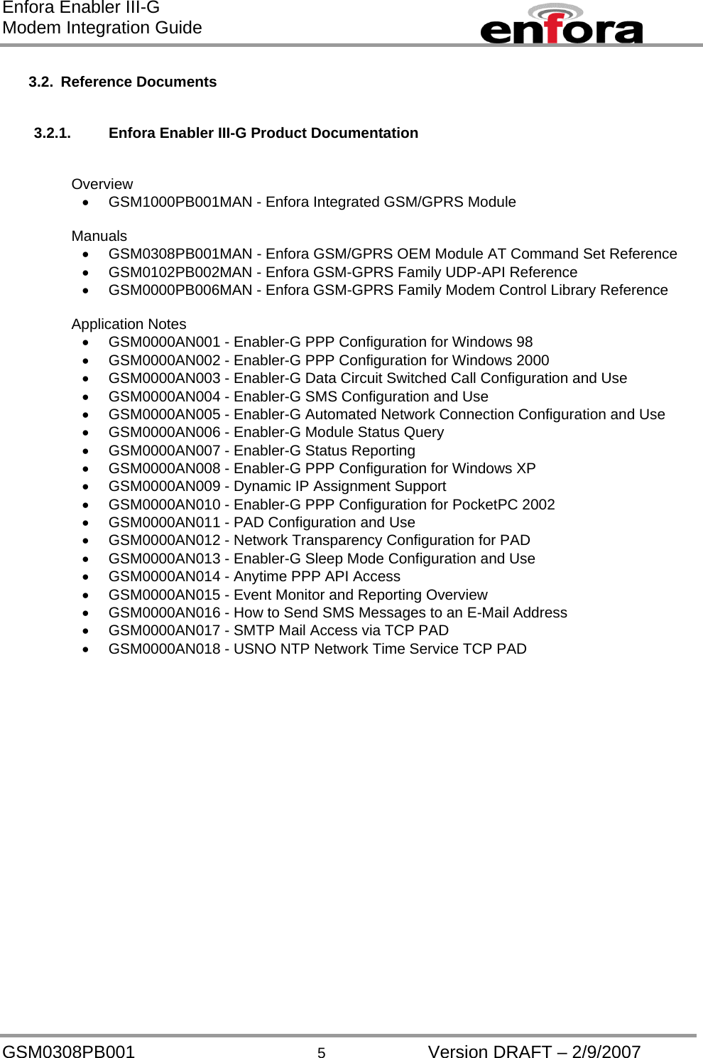 Enfora Enabler III-G Modem Integration Guide  3.2. Reference Documents   3.2.1.  Enfora Enabler III-G Product Documentation   Overview •  GSM1000PB001MAN - Enfora Integrated GSM/GPRS Module   Manuals •  GSM0308PB001MAN - Enfora GSM/GPRS OEM Module AT Command Set Reference •  GSM0102PB002MAN - Enfora GSM-GPRS Family UDP-API Reference   •  GSM0000PB006MAN - Enfora GSM-GPRS Family Modem Control Library Reference   Application Notes •  GSM0000AN001 - Enabler-G PPP Configuration for Windows 98 •  GSM0000AN002 - Enabler-G PPP Configuration for Windows 2000 •  GSM0000AN003 - Enabler-G Data Circuit Switched Call Configuration and Use •  GSM0000AN004 - Enabler-G SMS Configuration and Use •  GSM0000AN005 - Enabler-G Automated Network Connection Configuration and Use •  GSM0000AN006 - Enabler-G Module Status Query •  GSM0000AN007 - Enabler-G Status Reporting •  GSM0000AN008 - Enabler-G PPP Configuration for Windows XP •  GSM0000AN009 - Dynamic IP Assignment Support •  GSM0000AN010 - Enabler-G PPP Configuration for PocketPC 2002 •  GSM0000AN011 - PAD Configuration and Use •  GSM0000AN012 - Network Transparency Configuration for PAD •  GSM0000AN013 - Enabler-G Sleep Mode Configuration and Use •  GSM0000AN014 - Anytime PPP API Access •  GSM0000AN015 - Event Monitor and Reporting Overview •  GSM0000AN016 - How to Send SMS Messages to an E-Mail Address •  GSM0000AN017 - SMTP Mail Access via TCP PAD •  GSM0000AN018 - USNO NTP Network Time Service TCP PAD GSM0308PB001  5  Version DRAFT – 2/9/2007 