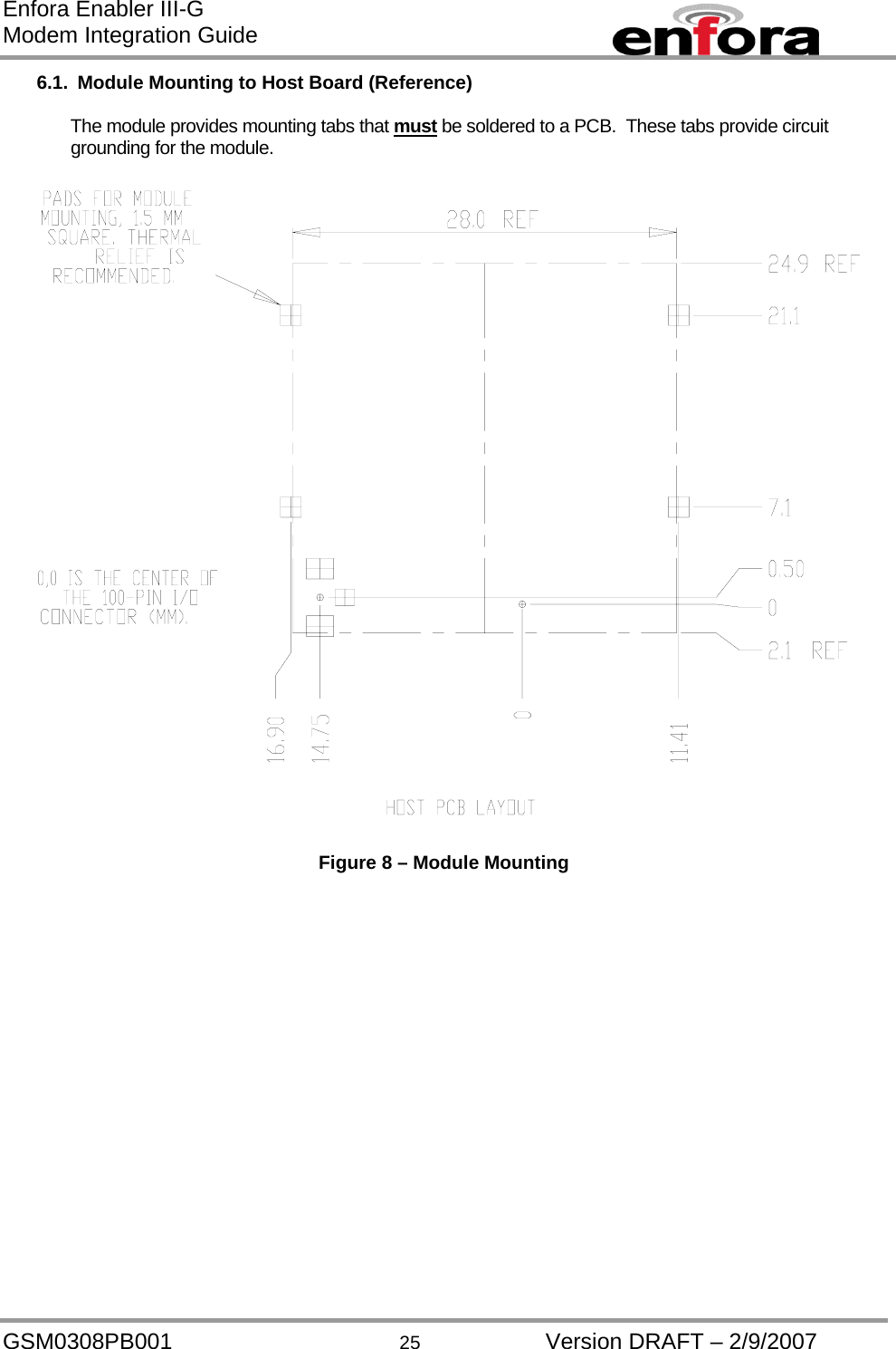 Enfora Enabler III-G Modem Integration Guide 6.1.  Module Mounting to Host Board (Reference)  The module provides mounting tabs that must be soldered to a PCB.  These tabs provide circuit grounding for the module.  Figure 8 – Module Mounting  GSM0308PB001  25  Version DRAFT – 2/9/2007 