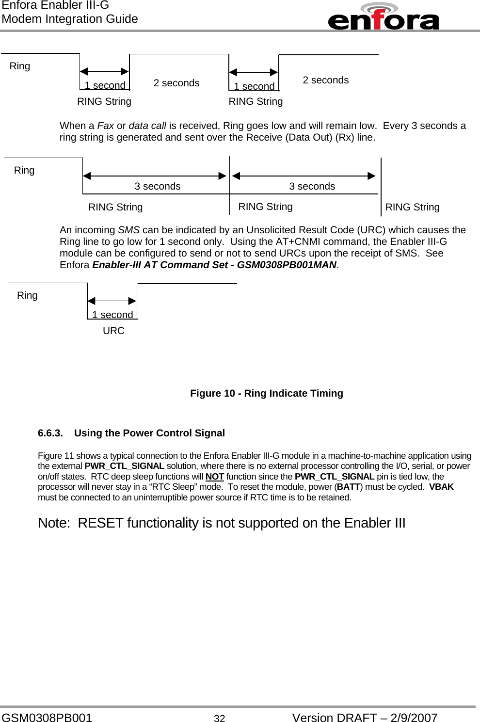 Enfora Enabler III-G Modem Integration Guide        When a Fax or data call is received, Ring goes low and will remain low.  Every 3 seconds a ring string is generated and sent over the Receive (Data Out) (Rx) line.        An incoming SMS can be indicated by an Unsolicited Result Code (URC) which causes the Ring line to go low for 1 second only.  Using the AT+CNMI command, the Enabler III-G module can be configured to send or not to send URCs upon the receipt of SMS.  See Enfora Enabler-III AT Command Set - GSM0308PB001MAN.     1 second  2 seconds 1 second 2 secondsRING String RING StringRing 3 secondsRING String RING StringRing 3 secondsRING String  1 second URC Ring    Figure 10 - Ring Indicate Timing   6.6.3.  Using the Power Control Signal  Figure 11 shows a typical connection to the Enfora Enabler III-G module in a machine-to-machine application using the external PWR_CTL_SIGNAL solution, where there is no external processor controlling the I/O, serial, or power on/off states.  RTC deep sleep functions will NOT function since the PWR_CTL_SIGNAL pin is tied low, the processor will never stay in a “RTC Sleep” mode.  To reset the module, power (BATT) must be cycled.  VBAK must be connected to an uninterruptible power source if RTC time is to be retained. Note:  RESET functionality is not supported on the Enabler III GSM0308PB001  32  Version DRAFT – 2/9/2007 