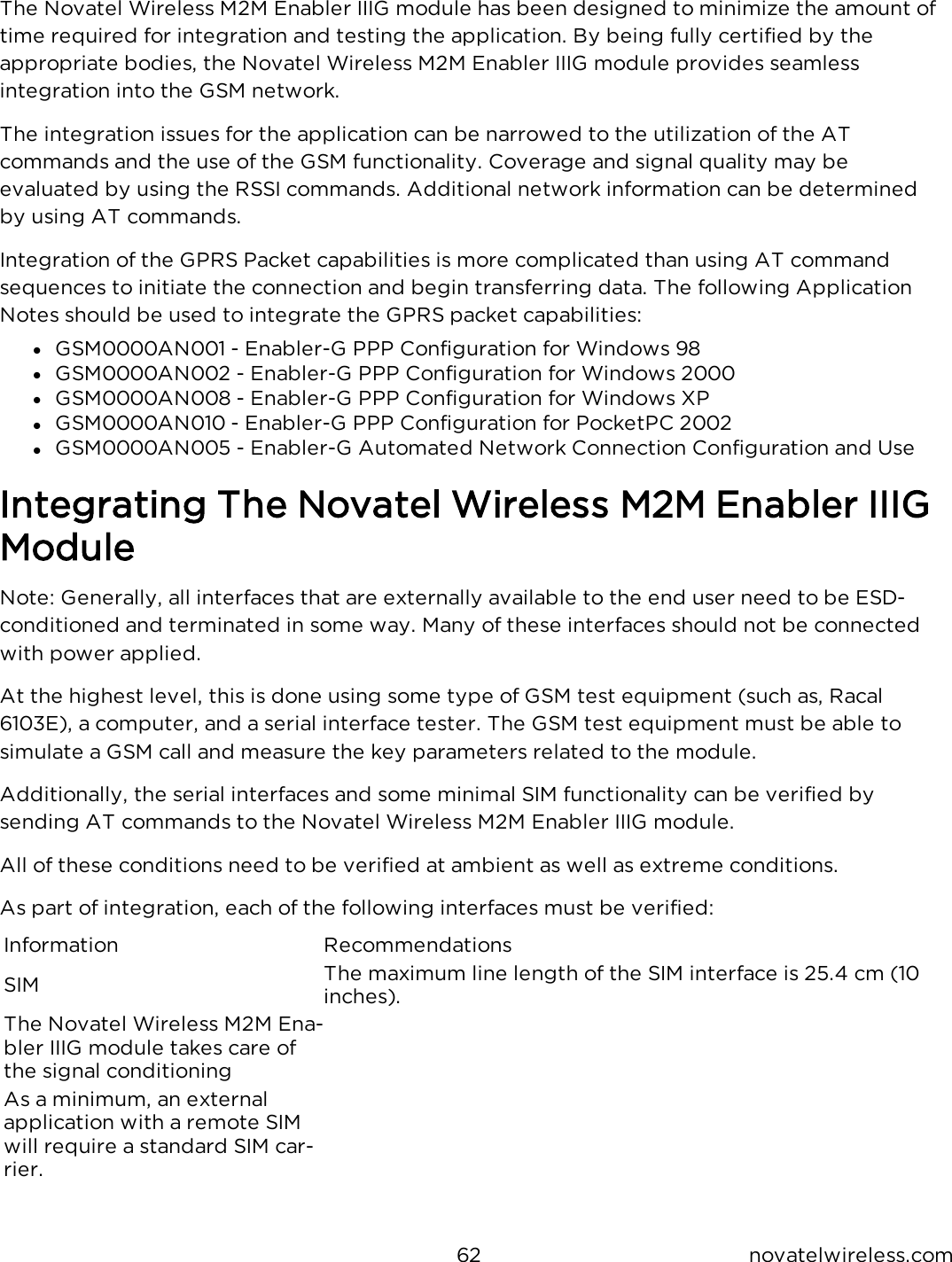 62 novatelwireless.comThe Novatel Wireless M2M Enabler IIIG module has been designed to minimize the amount of time required for integration and testing the application.  By being fully certified by the appropriate bodies, the Novatel Wireless M2M Enabler IIIG module provides seamless integration into the GSM network.The integration issues for the application can be narrowed to the utilization of the AT commands and the use of the GSM functionality.  Coverage and signal quality may be evaluated by using the RSSI commands.  Additional network information can be determined by using AT commands.Integration of the GPRS Packet capabilities is more complicated than using AT command sequences to initiate the connection and begin transferring data.  The following Application Notes should be used to integrate the GPRS packet capabilities:l  GSM0000AN001 - Enabler-G PPP Configuration for Windows 98l  GSM0000AN002 - Enabler-G PPP Configuration for Windows 2000l  GSM0000AN008 - Enabler-G PPP Configuration for Windows XPl  GSM0000AN010 - Enabler-G PPP Configuration for PocketPC 2002l  GSM0000AN005 - Enabler-G Automated Network Connection Configuration and UseIntegrating The Novatel Wireless M2M Enabler IIIG ModuleNote: Generally, all interfaces that are externally available to the end user need to be ESD-conditioned and terminated in some way.  Many of these interfaces should not be connected with power applied.At the highest level, this is done using some type of GSM test equipment (such as, Racal 6103E), a computer, and a serial interface tester.  The GSM test equipment must be able to simulate a GSM call and measure the key parameters related to the module.Additionally, the serial interfaces and some minimal SIM functionality can be verified by sending AT commands to the Novatel Wireless M2M Enabler IIIG module.All of these conditions need to be verified at ambient as well as extreme conditions.As part of integration, each of the following interfaces must be verified:Information RecommendationsSIM The maximum line length of the SIM interface is 25.4 cm (10 inches).The Novatel Wireless M2M Ena-bler IIIG module takes care of the signal conditioningAs a minimum, an external application with a remote SIM will require a standard SIM car-rier.