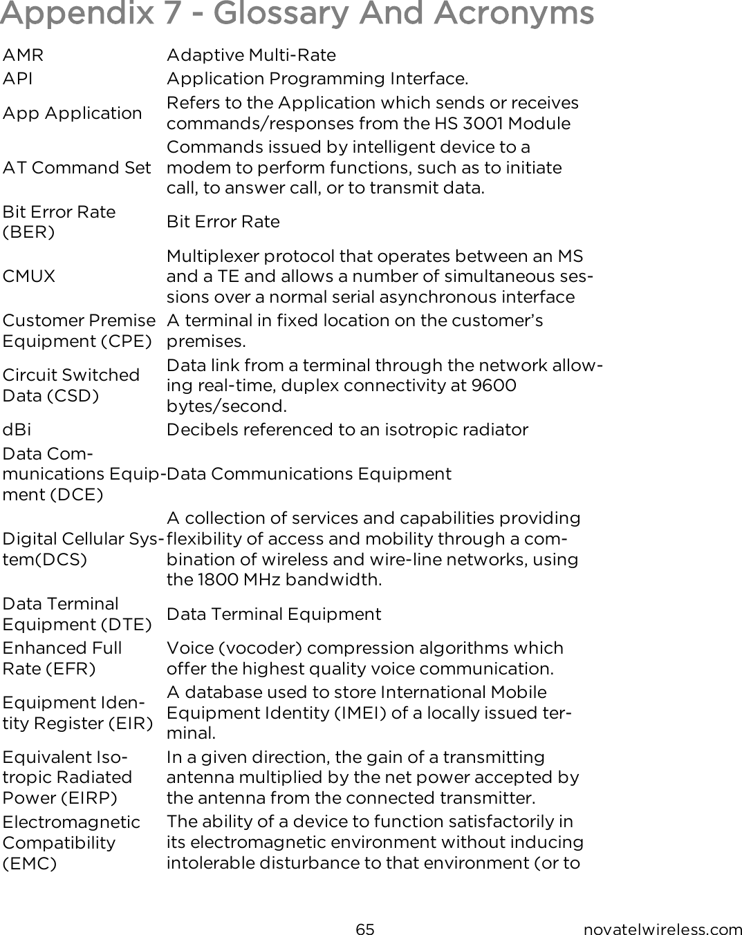 65 novatelwireless.comAppendix 7 - Glossary And AcronymsAMR Adaptive Multi-RateAPI Application Programming Interface.App Application Refers to the Application which sends or receives commands/responses from the HS 3001 ModuleAT Command SetCommands issued by intelligent device to a modem to perform functions, such as to initiate call, to answer call, or to transmit data.Bit Error Rate (BER) Bit Error RateCMUXMultiplexer protocol that operates between an MS and a TE and allows a number of simultaneous ses-sions over a normal serial asynchronous interfaceCustomer Premise Equipment (CPE)A terminal in fixed location on the customer’s premises.Circuit Switched Data (CSD)Data link from a terminal through the network allow-ing real-time, duplex connectivity at 9600 bytes/second.dBi Decibels referenced to an isotropic radiatorData Com-munications Equip-ment (DCE)Data Communications EquipmentDigital Cellular Sys-tem(DCS)A collection of services and capabilities providing flexibility of access and mobility through a com-bination of wireless and wire-line networks, using the 1800 MHz bandwidth.Data Terminal Equipment (DTE) Data Terminal EquipmentEnhanced Full Rate (EFR)Voice (vocoder) compression algorithms which offer the highest quality voice communication.Equipment Iden-tity Register (EIR)A database used to store International Mobile Equipment Identity (IMEI) of a locally issued ter-minal.Equivalent Iso-tropic Radiated Power (EIRP)In a given direction, the gain of a transmitting antenna multiplied by the net power accepted by the antenna from the connected transmitter.Electromagnetic Compatibility (EMC)The ability of a device to function satisfactorily in its electromagnetic environment without inducing intolerable disturbance to that environment (or to 