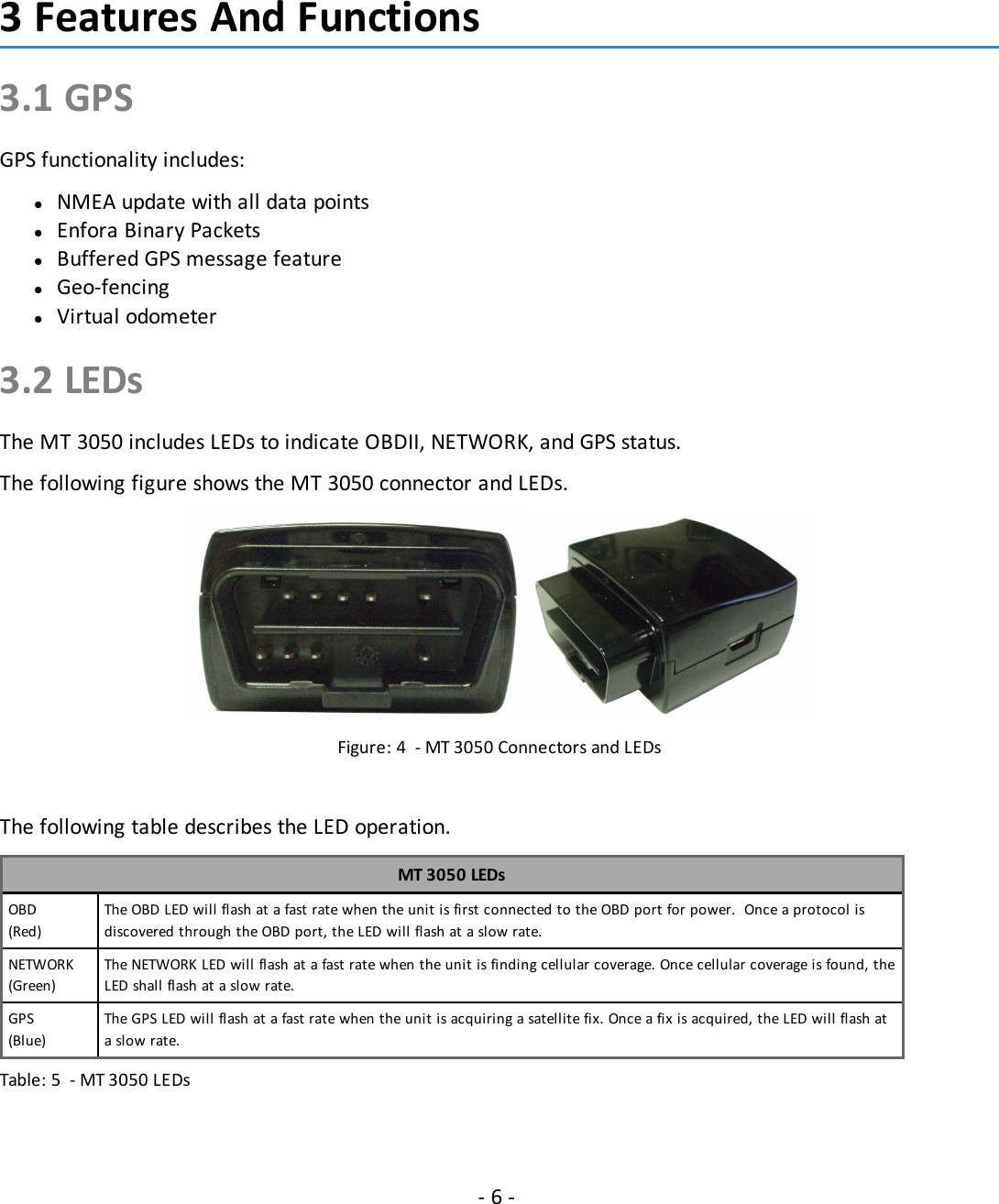 - 6 -3 Features And Functions3.1 GPSGPS functionality includes:lNMEA update with all data pointslEnfora Binary PacketslBuffered GPS message featurelGeo-fencinglVirtual odometer3.2 LEDsThe MT 3050 includes LEDs to indicate OBDII, NETWORK, and GPS status.The following figure shows the MT 3050 connector and LEDs.Figure: 4 - MT 3050 Connectors and LEDsThe following table describes the LED operation.MT 3050 LEDsOBD(Red)The OBD LED will flash at a fast rate when the unit is first connected to the OBD port for power. Once a protocol isdiscovered through the OBD port, the LED will flash at a slow rate.NETWORK(Green)The NETWORK LED will flash at a fast rate when the unit is finding cellular coverage. Once cellular coverage is found, theLED shall flash at a slow rate.GPS(Blue)The GPS LED will flash at a fast rate when the unit is acquiring a satellite fix. Once a fix is acquired, the LED will flash ata slow rate.Table: 5 - MT 3050 LEDs
