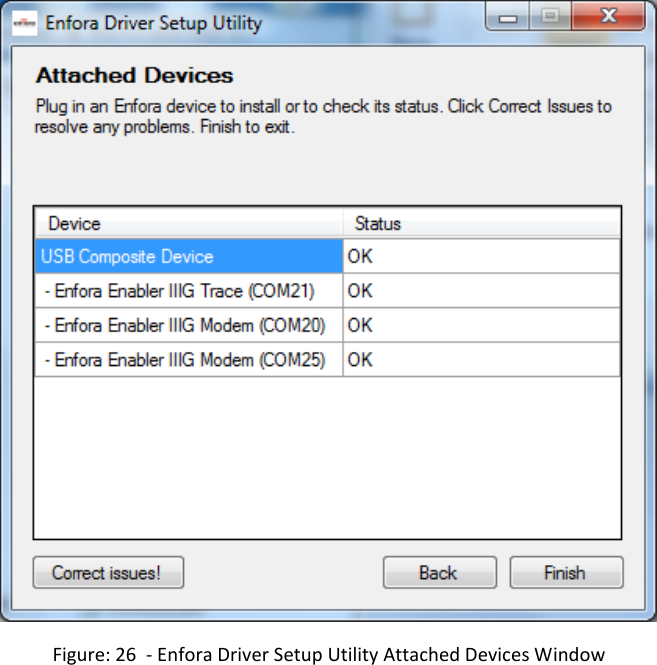    Figure: 26  - Enfora Driver Setup Utility Attached Devices Window   