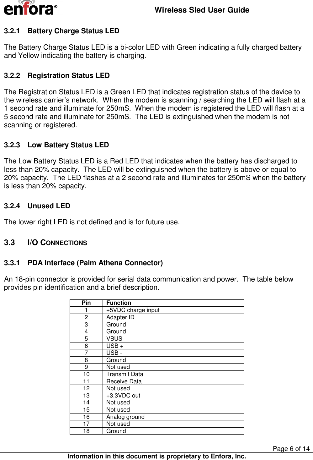 Wireless Sled User Guide       Page 6 of 14 Information in this document is proprietary to Enfora, Inc.  3.2.1  Battery Charge Status LED The Battery Charge Status LED is a bi-color LED with Green indicating a fully charged battery and Yellow indicating the battery is charging.   3.2.2  Registration Status LED The Registration Status LED is a Green LED that indicates registration status of the device to the wireless carrier’s network.  When the modem is scanning / searching the LED will flash at a 1 second rate and illuminate for 250mS.  When the modem is registered the LED will flash at a 5 second rate and illuminate for 250mS.  The LED is extinguished when the modem is not scanning or registered. 3.2.3  Low Battery Status LED The Low Battery Status LED is a Red LED that indicates when the battery has discharged to less than 20% capacity.  The LED will be extinguished when the battery is above or equal to 20% capacity.  The LED flashes at a 2 second rate and illuminates for 250mS when the battery is less than 20% capacity. 3.2.4  Unused LED The lower right LED is not defined and is for future use.  3.3  I/O CONNECTIONS 3.3.1  PDA Interface (Palm Athena Connector) An 18-pin connector is provided for serial data communication and power.  The table below provides pin identification and a brief description. Pin  Function 1  +5VDC charge input 2  Adapter ID 3  Ground 4  Ground 5  VBUS 6  USB + 7  USB - 8  Ground 9  Not used 10  Transmit Data 11  Receive Data 12  Not used 13  +3.3VDC out 14  Not used 15  Not used 16  Analog ground 17  Not used 18  Ground 