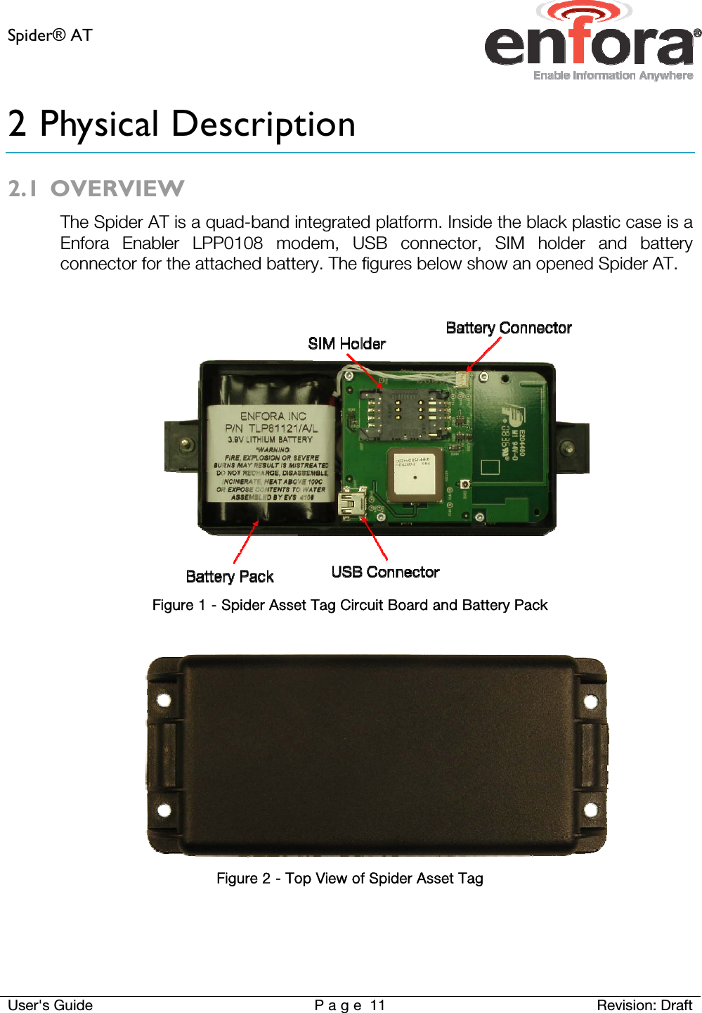 Spider® AT     User&apos;s Guide  P a g e 11 Revision: Draft 2 Physical Description 2.1 OVERVIEW The Spider AT is a quad-band integrated platform. Inside the black plastic case is a Enfora Enabler LPP0108 modem, USB connector, SIM holder and battery connector for the attached battery. The figures below show an opened Spider AT.   Figure 1 - Spider Asset Tag Circuit Board and Battery Pack   Figure 2 - Top View of Spider Asset Tag  