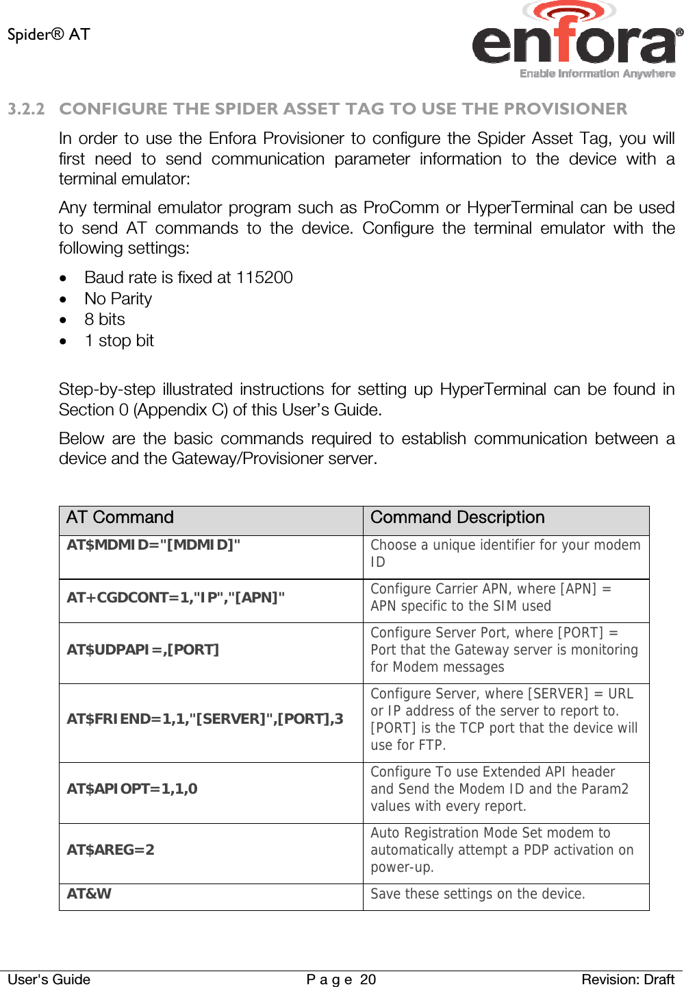 Spider® AT     User&apos;s Guide  P a g e 20 Revision: Draft 3.2.2 CONFIGURE THE SPIDER ASSET TAG TO USE THE PROVISIONER In order to use the Enfora Provisioner to configure the Spider Asset Tag, you will first need to send communication parameter information to the device with a terminal emulator: Any terminal emulator program such as ProComm or HyperTerminal can be used to send AT commands to the device. Configure the terminal emulator with the following settings:   Baud rate is fixed at 115200   No Parity   8 bits   1 stop bit   Step-by-step illustrated instructions for setting up HyperTerminal can be found in Section 0 (Appendix C) of this User’s Guide. Below are the basic commands required to establish communication between a device and the Gateway/Provisioner server.   AT Command  Command Description AT$MDMID=&quot;[MDMID]&quot; Choose a unique identifier for your modem ID AT+CGDCONT=1,&quot;IP&quot;,&quot;[APN]&quot;  Configure Carrier APN, where [APN] = APN specific to the SIM used AT$UDPAPI=,[PORT]  Configure Server Port, where [PORT] = Port that the Gateway server is monitoring for Modem messages AT$FRIEND=1,1,&quot;[SERVER]&quot;,[PORT],3  Configure Server, where [SERVER] = URL or IP address of the server to report to. [PORT] is the TCP port that the device will use for FTP. AT$APIOPT=1,1,0  Configure To use Extended API header and Send the Modem ID and the Param2 values with every report. AT$AREG=2  Auto Registration Mode Set modem to automatically attempt a PDP activation on power-up. AT&amp;W   Save these settings on the device.  