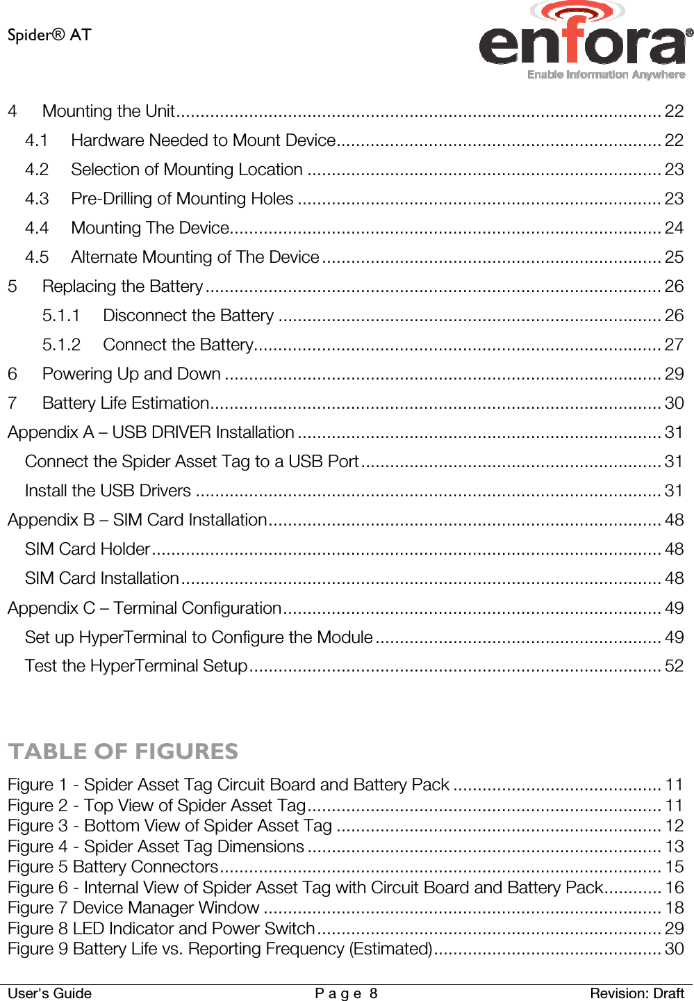 Spider® AT     User&apos;s Guide  P a g e 8 Revision: Draft 4Mounting the Unit ....................................................................................................  224.1Hardware Needed to Mount Device ................................................................... 224.2Selection of Mounting Location ......................................................................... 234.3Pre-Drilling of Mounting Holes ........................................................................... 234.4Mounting The Device......................................................................................... 244.5Alternate Mounting of The Device ...................................................................... 255Replacing the Battery .............................................................................................. 265.1.1Disconnect the Battery ............................................................................... 265.1.2Connect the Battery .................................................................................... 276Powering Up and Down .......................................................................................... 297Battery Life Estimation ............................................................................................. 30Appendix A – USB DRIVER Installation ........................................................................... 31Connect the Spider Asset Tag to a USB Port .............................................................. 31Install the USB Drivers ................................................................................................ 31Appendix B – SIM Card Installation ................................................................................. 48SIM Card Holder .........................................................................................................  48SIM Card Installation ...................................................................................................  48Appendix C – Terminal Configuration .............................................................................. 49Set up HyperTerminal to Configure the Module ........................................................... 49Test the HyperTerminal Setup ..................................................................................... 52 TABLE OF FIGURES Figure 1 - Spider Asset Tag Circuit Board and Battery Pack ........................................... 11Figure 2 - Top View of Spider Asset Tag ......................................................................... 11Figure 3 - Bottom View of Spider Asset Tag ................................................................... 12Figure 4 - Spider Asset Tag Dimensions ......................................................................... 13Figure 5 Battery Connectors ........................................................................................... 15Figure 6 - Internal View of Spider Asset Tag with Circuit Board and Battery Pack ............ 16Figure 7 Device Manager Window .................................................................................. 18Figure 8 LED Indicator and Power Switch .......................................................................  29Figure 9 Battery Life vs. Reporting Frequency (Estimated) ............................................... 30