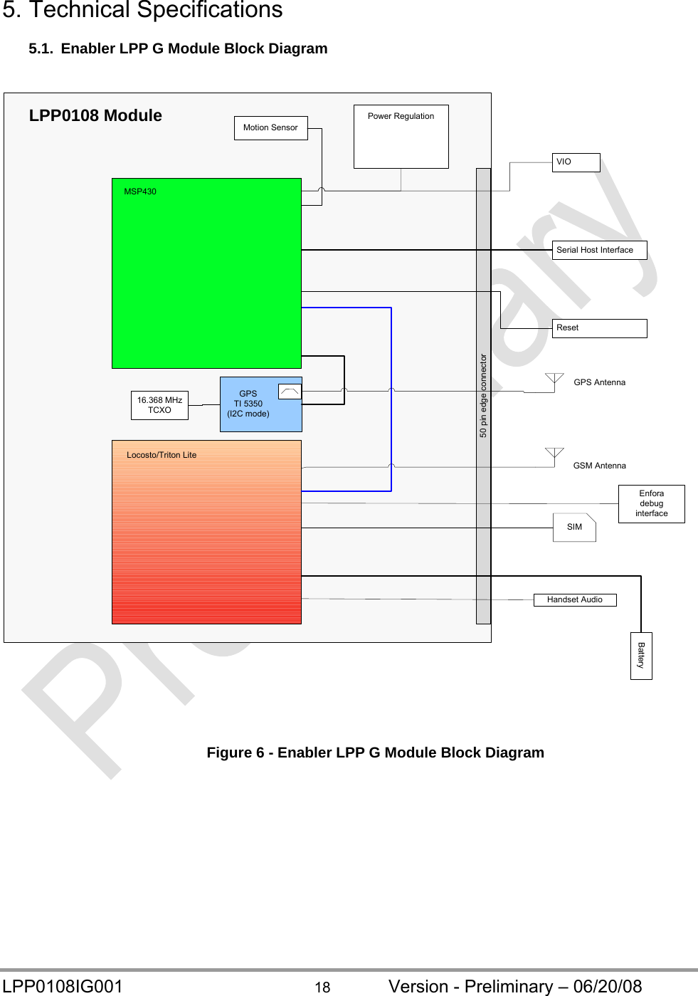  LPP0108IG001  18  Version - Preliminary – 06/20/08 5. Technical Specifications  5.1.  Enabler LPP G Module Block Diagram   50 pin edge connectorLPP0108 ModuleLocosto/Triton LitePower RegulationMSP430GPSTI 5350(I2C mode)16.368 MHzTCXOSIMGSM AntennaGPS AntennaBatteryMotion SensorSerial Host InterfaceEnforadebuginterfaceVIOResetHandset Audio    Figure 6 - Enabler LPP G Module Block Diagram   