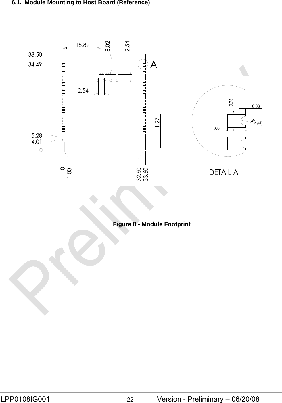  LPP0108IG001  22  Version - Preliminary – 06/20/08 6.1.  Module Mounting to Host Board (Reference)      Figure 8 - Module Footprint 