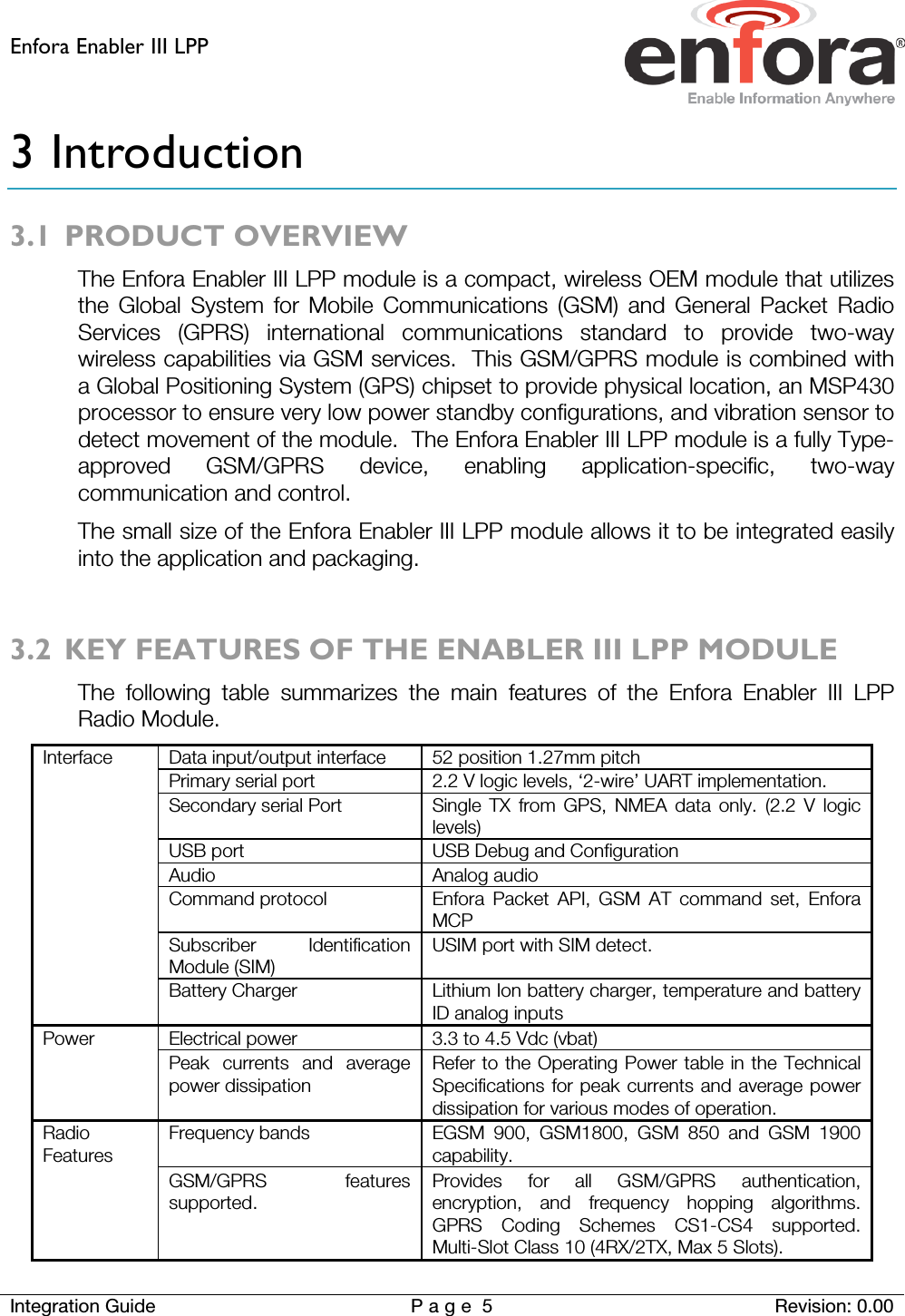 Enfora Enabler III LPP    Integration Guide Page 5  Revision: 0.00  3 Introduction 3.1 PRODUCT OVERVIEW The Enfora Enabler III LPP module is a compact, wireless OEM module that utilizes the Global System for Mobile Communications (GSM) and General Packet Radio Services (GPRS) international communications standard to provide two-way wireless capabilities via GSM services.  This GSM/GPRS module is combined with a Global Positioning System (GPS) chipset to provide physical location, an MSP430 processor to ensure very low power standby configurations, and vibration sensor to detect movement of the module.  The Enfora Enabler III LPP module is a fully Type-approved GSM/GPRS device, enabling application-specific, two-way communication and control.   The small size of the Enfora Enabler III LPP module allows it to be integrated easily into the application and packaging.  3.2 KEY FEATURES OF THE ENABLER III LPP MODULE The following table summarizes the main features of the Enfora Enabler III LPP Radio Module. Interface Data input/output interface 52 position 1.27mm pitch  Primary serial port 2.2 V logic levels, ‘2-wire’ UART implementation.   Secondary serial Port Single TX from GPS, NMEA data only. (2.2 V logic levels) USB port USB Debug and Configuration Audio Analog audio Command protocol Enfora Packet API, GSM AT command set, Enfora MCP Subscriber Identification Module (SIM) USIM port with SIM detect.   Battery Charger Lithium Ion battery charger, temperature and battery ID analog inputs Power   Electrical power 3.3 to 4.5 Vdc (vbat) Peak currents and average power dissipation Refer to the Operating Power table in the Technical Specifications for peak currents and average power dissipation for various modes of operation. Radio Features Frequency bands EGSM 900, GSM1800, GSM 850 and GSM 1900 capability. GSM/GPRS features supported.  Provides for all GSM/GPRS authentication, encryption, and frequency hopping algorithms.  GPRS Coding Schemes CS1-CS4  supported.  Multi-Slot Class 10 (4RX/2TX, Max 5 Slots). 