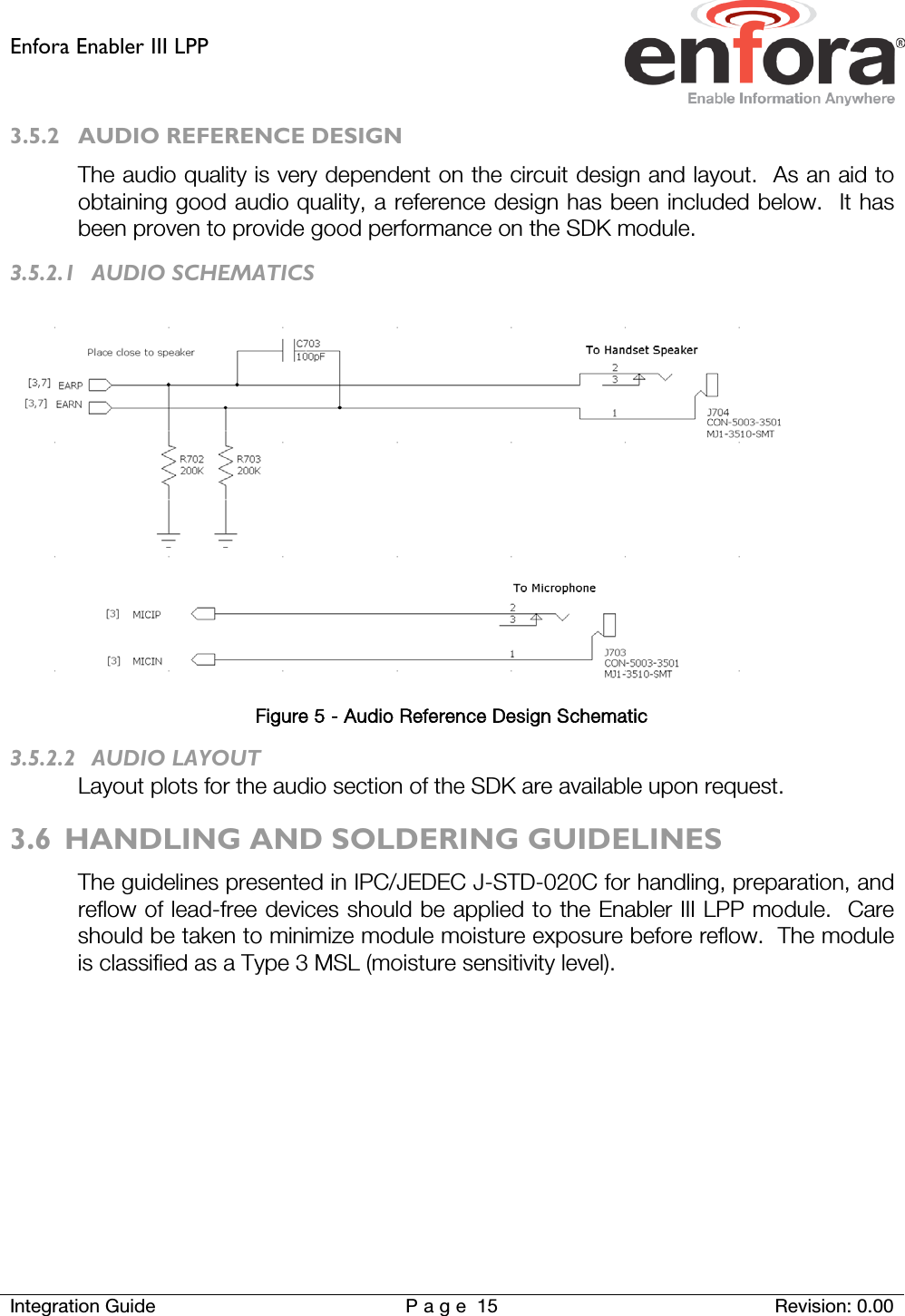Enfora Enabler III LPP    Integration Guide Page 15 Revision: 0.00  3.5.2 AUDIO REFERENCE DESIGN The audio quality is very dependent on the circuit design and layout.  As an aid to obtaining good audio quality, a reference design has been included below.  It has been proven to provide good performance on the SDK module. 3.5.2.1 AUDIO SCHEMATICS   Figure 5 - Audio Reference Design Schematic 3.5.2.2 AUDIO LAYOUT Layout plots for the audio section of the SDK are available upon request. 3.6 HANDLING AND SOLDERING GUIDELINES The guidelines presented in IPC/JEDEC J-STD-020C for handling, preparation, and reflow of lead-free devices should be applied to the Enabler III LPP module.  Care should be taken to minimize module moisture exposure before reflow.  The module is classified as a Type 3 MSL (moisture sensitivity level).    