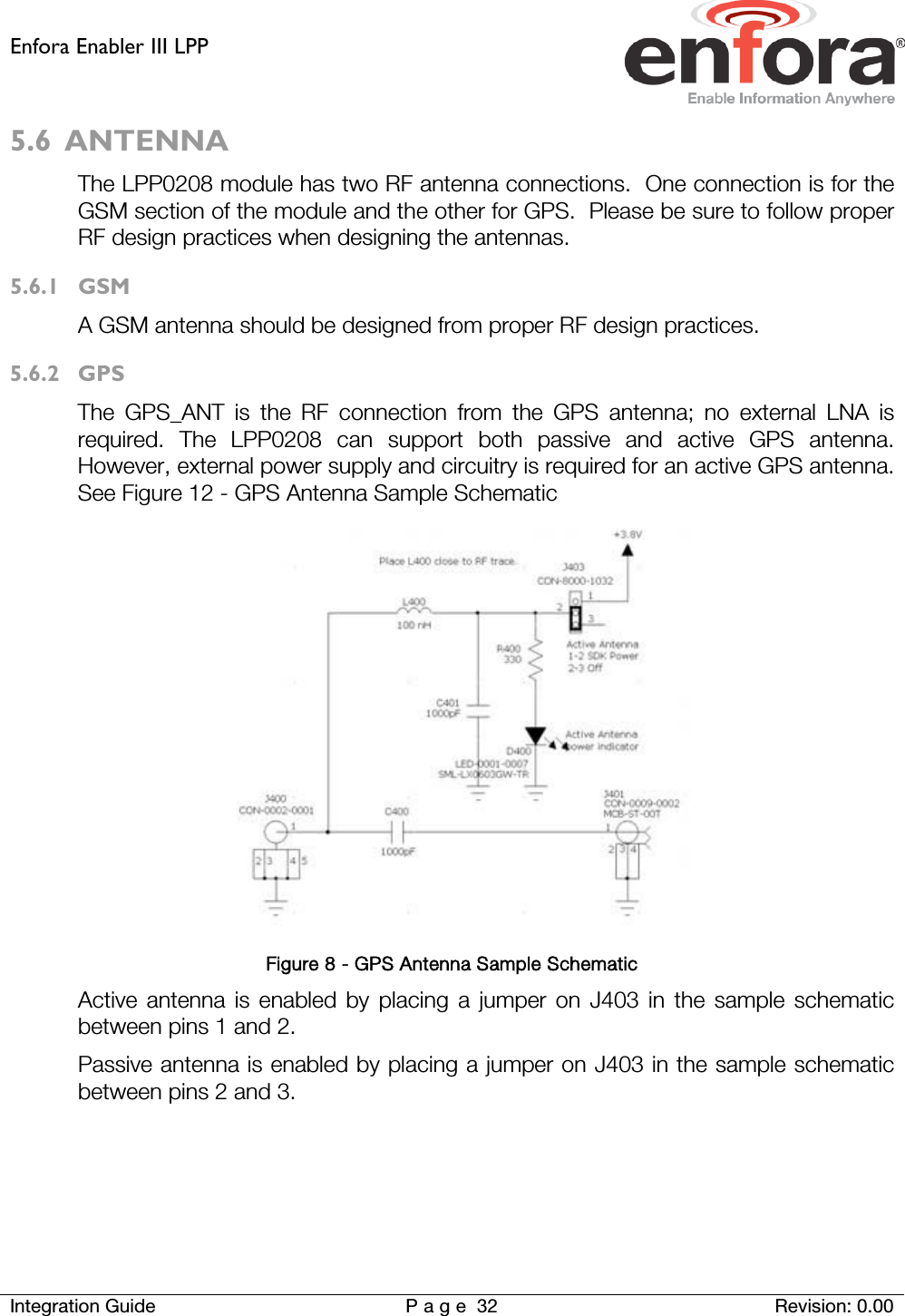 Enfora Enabler III LPP    Integration Guide Page 32 Revision: 0.00  5.6 ANTENNA The LPP0208 module has two RF antenna connections.  One connection is for the GSM section of the module and the other for GPS.  Please be sure to follow proper RF design practices when designing the antennas. 5.6.1 GSM A GSM antenna should be designed from proper RF design practices. 5.6.2 GPS The GPS_ANT is the RF connection from the GPS antenna; no external LNA is required. The LPP0208 can support both passive and active GPS antenna. However, external power supply and circuitry is required for an active GPS antenna. See Figure 12 - GPS Antenna Sample Schematic  Figure 8 - GPS Antenna Sample Schematic  Active antenna is enabled by placing a jumper on J403 in the sample schematic between pins 1 and 2. Passive antenna is enabled by placing a jumper on J403 in the sample schematic between pins 2 and 3.     