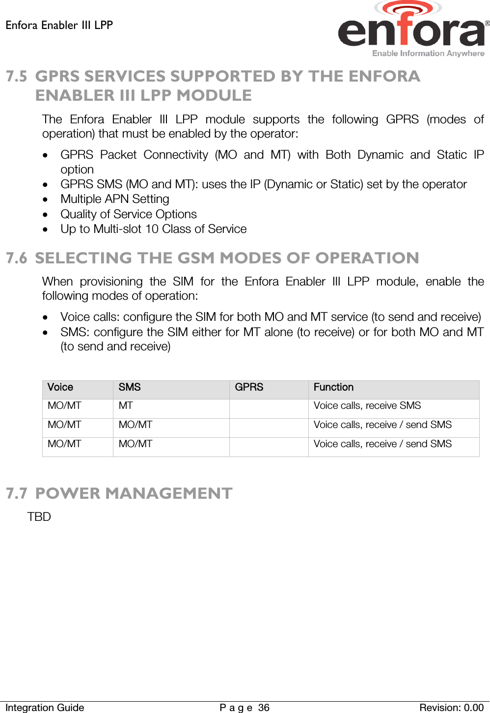 Enfora Enabler III LPP    Integration Guide Page 36 Revision: 0.00  7.5 GPRS SERVICES SUPPORTED BY THE ENFORA ENABLER III LPP MODULE The Enfora Enabler III LPP module supports the following GPRS (modes of operation) that must be enabled by the operator: • GPRS Packet Connectivity (MO and MT) with Both Dynamic and Static IP option • GPRS SMS (MO and MT): uses the IP (Dynamic or Static) set by the operator • Multiple APN Setting • Quality of Service Options • Up to Multi-slot 10 Class of Service 7.6 SELECTING THE GSM MODES OF OPERATION When provisioning the SIM for the Enfora Enabler III LPP module, enable the following modes of operation: • Voice calls: configure the SIM for both MO and MT service (to send and receive) • SMS: configure the SIM either for MT alone (to receive) or for both MO and MT (to send and receive)  Voice SMS GPRS Function MO/MT MT  Voice calls, receive SMS MO/MT MO/MT  Voice calls, receive / send SMS MO/MT MO/MT  Voice calls, receive / send SMS  7.7 POWER MANAGEMENT TBD    