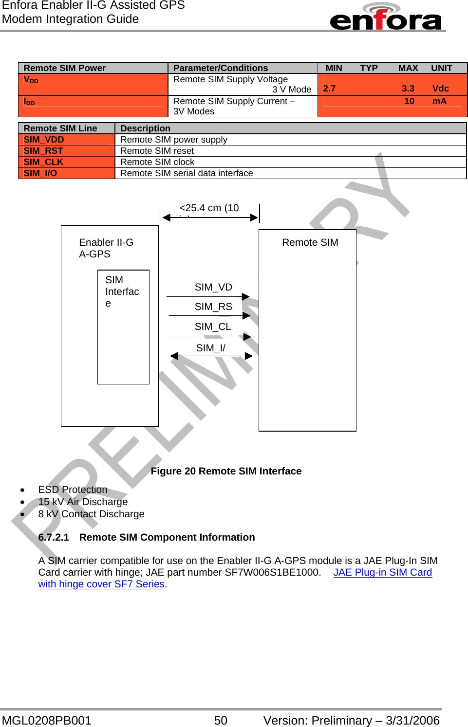 Enfora Enabler II-G Assisted GPS Modem Integration Guide MGL0208PB001 50 Version: Preliminary – 3/31/2006   Remote SIM Power Parameter/Conditions  MIN       TYP        MAX     UNIT VDD  Remote SIM Supply Voltage                                        3 V Mode  2.7                          3.3       Vdc        IDD Remote SIM Supply Current –  3V Modes                                  10       mA                         Figure 20 Remote SIM Interface •  ESD Protection •  15 kV Air Discharge •  8 kV Contact Discharge  6.7.2.1  Remote SIM Component Information  A SIM carrier compatible for use on the Enabler II-G A-GPS module is a JAE Plug-In SIM Card carrier with hinge; JAE part number SF7W006S1BE1000.  JAE Plug-in SIM Card with hinge cover SF7 Series.   Remote SIM Line Description SIM_VDD Remote SIM power supply SIM_RST  Remote SIM reset SIM_CLK  Remote SIM clock SIM_I/O  Remote SIM serial data interface SIM_CL&lt;25.4 cm (10 i)SIM_I/SIM_RSSIM_VDEnabler II-G A-GPS SIM Interface Remote SIM
