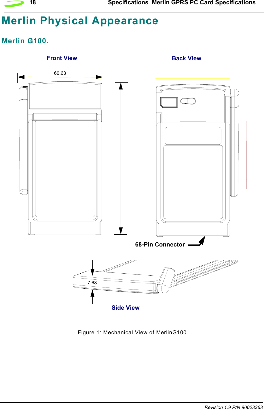 18 Specifications  Merlin GPRS PC Card SpecificationsRevision 1.9 P/N 90023363Merlin Physical AppearanceMerlin G100.Figure 1: Mechanical View of MerlinG100Front View Back View60.63Side View7.6868-Pin Connector