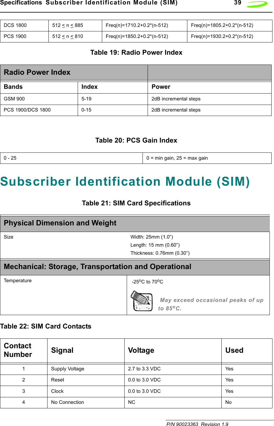 Specifications  Subscriber Identification Module (SIM) 39 P/N 90023363  Revision 1.9Table 19: Radio Power IndexTable 20: PCS Gain IndexSubscriber Identification Module (SIM)Table 21: SIM Card SpecificationsTable 22: SIM Card ContactsDCS 1800 512 &lt; n &lt; 885 Freq(n)=1710.2+0.2*(n-512) Freq(n)=1805.2+0.2*(n-512)PCS 1900 512 &lt; n &lt; 810 Freq(n)=1850.2+0.2*(n-512) Freq(n)=1930.2+0.2*(n-512)Radio Power IndexBands Index PowerGSM 900 5-19 2dB incremental stepsPCS 1900/DCS 1800 0-15 2dB incremental steps0 - 25 0 = min gain, 25 = max gainPhysical Dimension and WeightSize Width: 25mm (1.0”)Length: 15 mm (0.60”)Thickness: 0.76mm (0.30”)Mechanical: Storage, Transportation and OperationalTemperature  -25oC to 70oC May exceed occasional peaks of up to 85oC.Contact Number Signal Voltage Used1 Supply Voltage 2.7 to 3.3 VDC Yes2 Reset 0.0 to 3.0 VDC Yes3 Clock 0.0 to 3.0 VDC Yes4 No Connection NC No