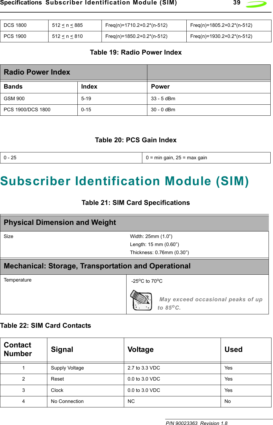 Specifications  Subscriber Identification Module (SIM) 39 P/N 90023363  Revision 1.8 Table 19: Radio Power IndexTable 20: PCS Gain IndexSubscriber Identification Module (SIM)Table 21: SIM Card SpecificationsTable 22: SIM Card ContactsDCS 1800 512 &lt; n &lt; 885 Freq(n)=1710.2+0.2*(n-512) Freq(n)=1805.2+0.2*(n-512)PCS 1900 512 &lt; n &lt; 810 Freq(n)=1850.2+0.2*(n-512) Freq(n)=1930.2+0.2*(n-512)Radio Power IndexBands Index PowerGSM 900 5-19 33 - 5 dBmPCS 1900/DCS 1800 0-15 30 - 0 dBm0 - 25 0 = min gain, 25 = max gainPhysical Dimension and WeightSize Width: 25mm (1.0”)Length: 15 mm (0.60”)Thickness: 0.76mm (0.30”)Mechanical: Storage, Transportation and OperationalTemperature  -25oC to 70oC May exceed occasional peaks of up to 85oC.Contact Number Signal Voltage Used1 Supply Voltage 2.7 to 3.3 VDC Yes2 Reset 0.0 to 3.0 VDC Yes3 Clock 0.0 to 3.0 VDC Yes4 No Connection NC No