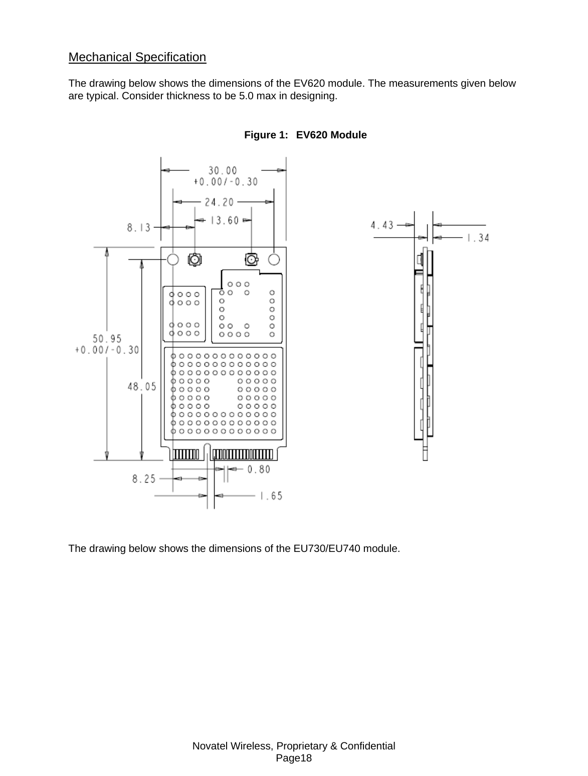 Novatel Wireless, Proprietary &amp; Confidential Page18 Mechanical Specification  The drawing below shows the dimensions of the EV620 module. The measurements given below are typical. Consider thickness to be 5.0 max in designing. Figure 1:  EV620 Module   The drawing below shows the dimensions of the EU730/EU740 module.   