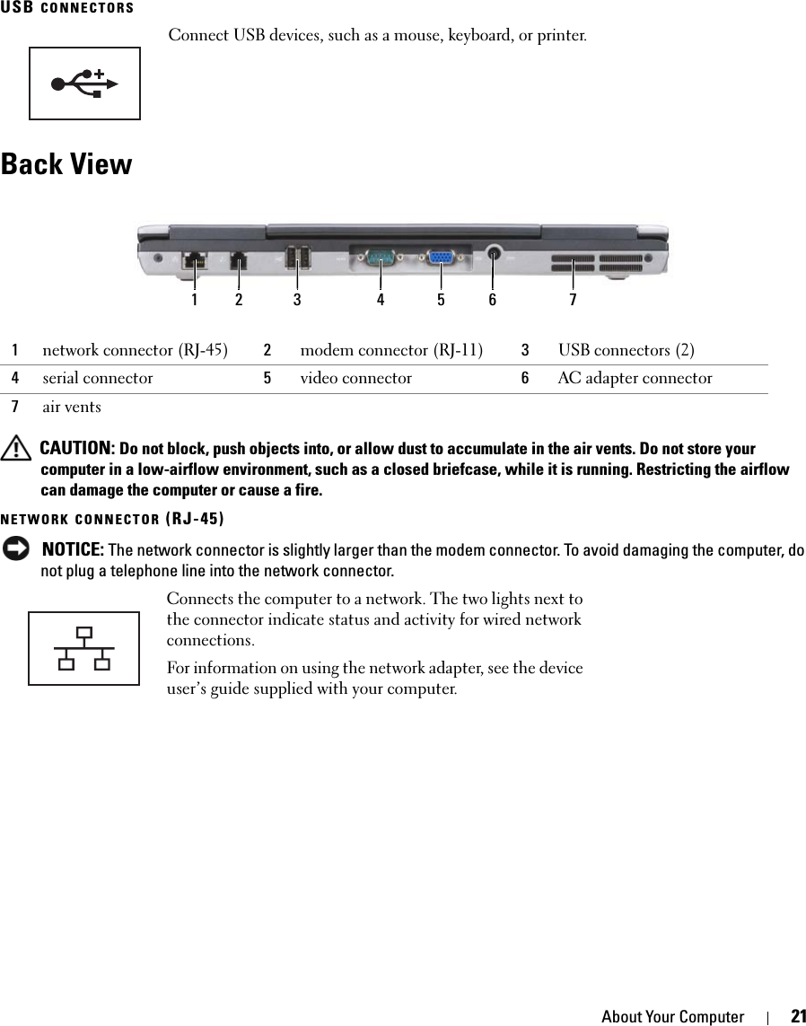 About Your Computer 21USB CONNECTORS Back View CAUTION: Do not block, push objects into, or allow dust to accumulate in the air vents. Do not store your computer in a low-airflow environment, such as a closed briefcase, while it is running. Restricting the airflow can damage the computer or cause a fire.NETWORK CONNECTOR (RJ-45) NOTICE: The network connector is slightly larger than the modem connector. To avoid damaging the computer, do not plug a telephone line into the network connector.Connect USB devices, such as a mouse, keyboard, or printer.1network connector (RJ-45) 2modem connector (RJ-11) 3USB connectors (2)4serial connector 5video connector 6AC adapter connector7air ventsConnects the computer to a network. The two lights next to the connector indicate status and activity for wired network connections.For information on using the network adapter, see the device user’s guide supplied with your computer.1 2 63 4 75