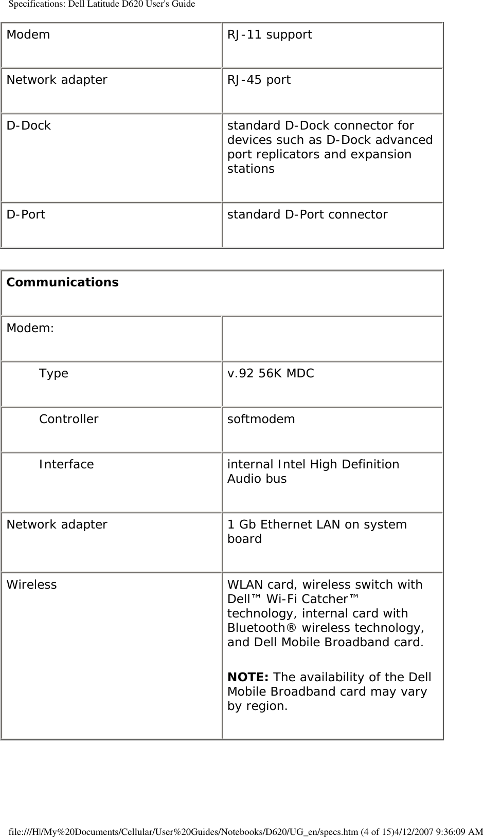 Specifications: Dell Latitude D620 User&apos;s GuideModem RJ-11 supportNetwork adapter RJ-45 portD-Dock standard D-Dock connector for devices such as D-Dock advanced port replicators and expansion stationsD-Port standard D-Port connectorCommunications Modem:  Type v.92 56K MDCController softmodemInterface internal Intel High Definition Audio busNetwork adapter 1 Gb Ethernet LAN on system boardWireless WLAN card, wireless switch with Dell™ Wi-Fi Catcher™ technology, internal card with Bluetooth® wireless technology, and Dell Mobile Broadband card.NOTE: The availability of the Dell Mobile Broadband card may vary by region.file:///H|/My%20Documents/Cellular/User%20Guides/Notebooks/D620/UG_en/specs.htm (4 of 15)4/12/2007 9:36:09 AM