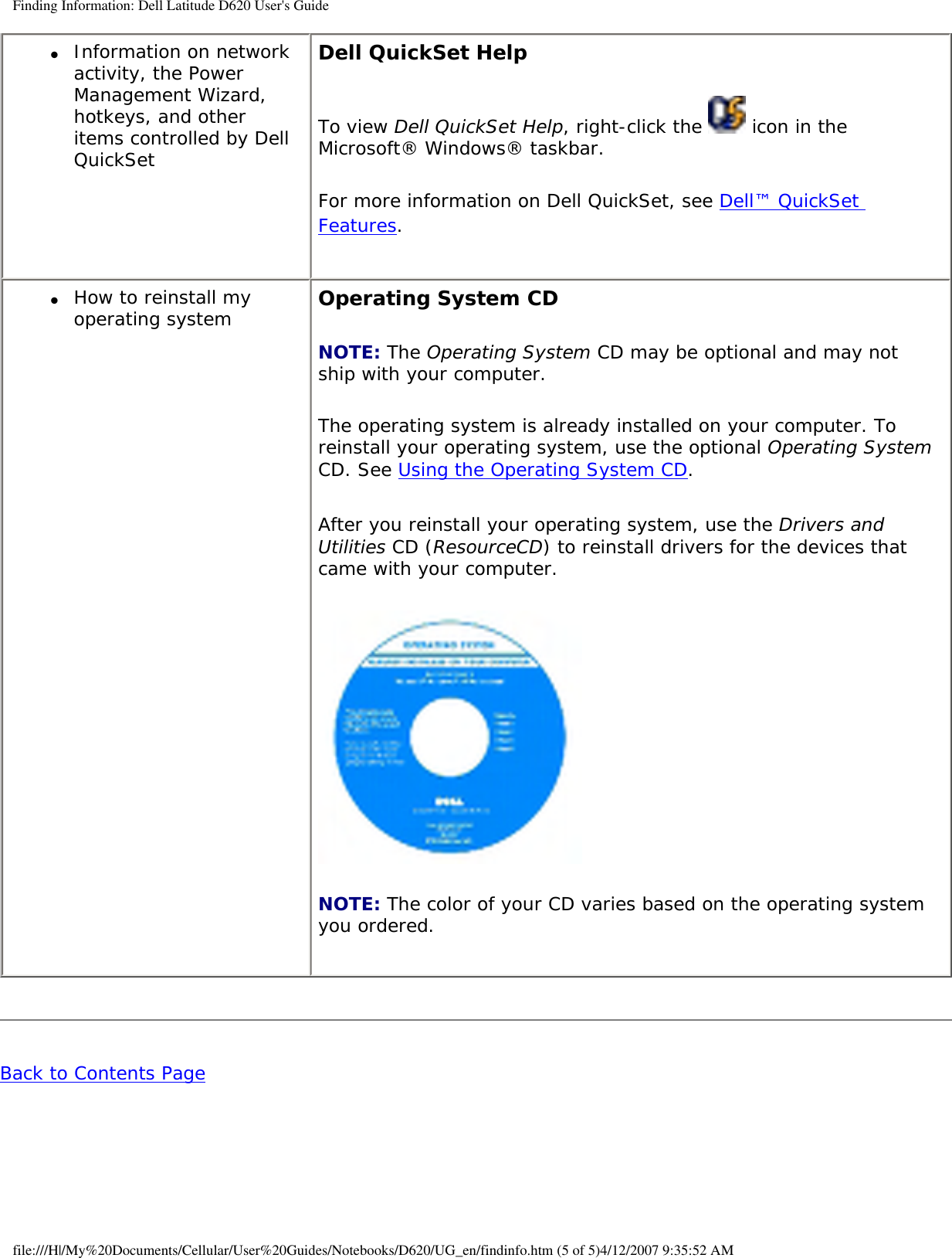 Finding Information: Dell Latitude D620 User&apos;s Guide●     Information on network activity, the Power Management Wizard, hotkeys, and other items controlled by Dell QuickSetDell QuickSet HelpTo view Dell QuickSet Help, right-click the   icon in the Microsoft® Windows® taskbar.For more information on Dell QuickSet, see Dell™ QuickSet Features.●     How to reinstall my operating system Operating System CDNOTE: The Operating System CD may be optional and may not ship with your computer.The operating system is already installed on your computer. To reinstall your operating system, use the optional Operating System CD. See Using the Operating System CD.After you reinstall your operating system, use the Drivers and Utilities CD (ResourceCD) to reinstall drivers for the devices that came with your computer.NOTE: The color of your CD varies based on the operating system you ordered.Back to Contents Page file:///H|/My%20Documents/Cellular/User%20Guides/Notebooks/D620/UG_en/findinfo.htm (5 of 5)4/12/2007 9:35:52 AM