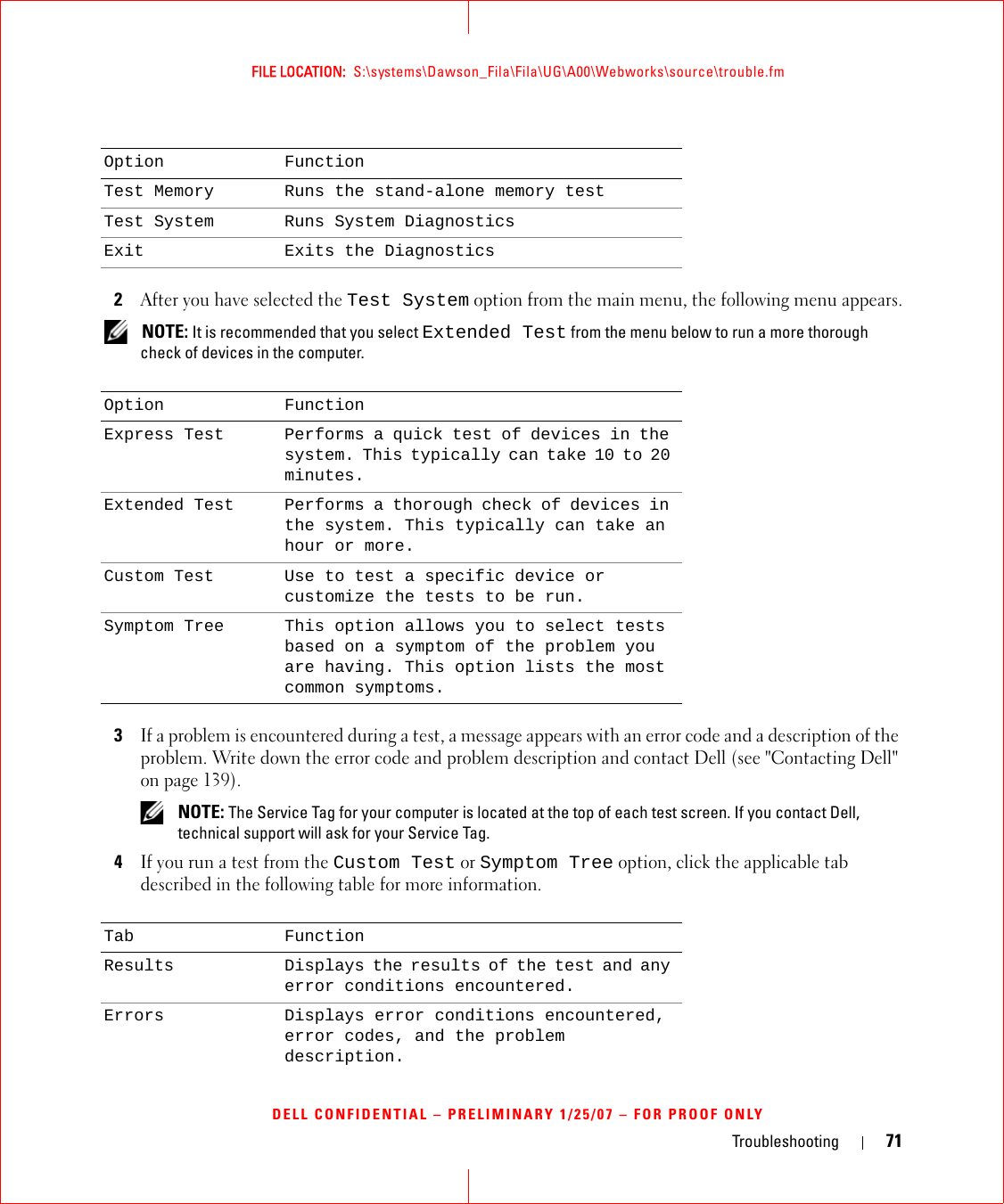 Troubleshooting 71FILE LOCATION:  S:\systems\Dawson_Fila\Fila\UG\A00\Webworks\source\trouble.fmDELL CONFIDENTIAL – PRELIMINARY 1/25/07 – FOR PROOF ONLY2After you have selected the Test System option from the main menu, the following menu appears. NOTE: It is recommended that you select Extended Test from the menu below to run a more thorough check of devices in the computer.3If a problem is encountered during a test, a message appears with an error code and a description of the problem. Write down the error code and problem description and contact Dell (see &quot;Contacting Dell&quot; on page 139). NOTE: The Service Tag for your computer is located at the top of each test screen. If you contact Dell, technical support will ask for your Service Tag.4If you run a test from the Custom Test or Symptom Tree option, click the applicable tab described in the following table for more information.Option FunctionTest Memory Runs the stand-alone memory testTest System Runs System DiagnosticsExit Exits the DiagnosticsOption FunctionExpress Test Performs a quick test of devices in the system. This typically can take 10 to 20 minutes.Extended Test Performs a thorough check of devices in the system. This typically can take an hour or more.Custom Test Use to test a specific device or customize the tests to be run.Symptom Tree This option allows you to select tests based on a symptom of the problem you are having. This option lists the most common symptoms.Tab FunctionResults Displays the results of the test and any error conditions encountered.Errors Displays error conditions encountered, error codes, and the problem description.