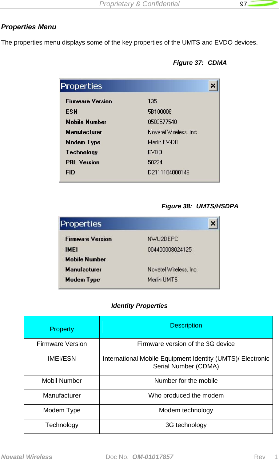 Proprietary &amp; Confidential   97   Novatel Wireless   Doc No.  OM-01017857                              Rev     1  Properties Menu  The properties menu displays some of the key properties of the UMTS and EVDO devices.  Figure 37:  CDMA   Figure 38:  UMTS/HSDPA  Identity Properties  Property  Description Firmware Version  Firmware version of the 3G device IMEI/ESN  International Mobile Equipment Identity (UMTS)/ Electronic Serial Number (CDMA) Mobil Number  Number for the mobile Manufacturer  Who produced the modem Modem Type  Modem technology Technology 3G technology 