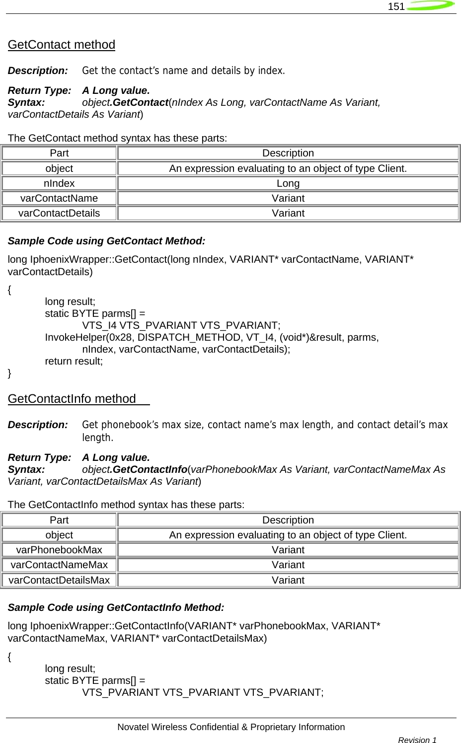   151  Novatel Wireless Confidential &amp; Proprietary Information        Revision 1   GetContact method Description:  Get the contact’s name and details by index. Return Type:  A Long value. Syntax:  object.GetContact(nIndex As Long, varContactName As Variant,  varContactDetails As Variant)  The GetContact method syntax has these parts: Part Description object  An expression evaluating to an object of type Client. nIndex Long varContactName Variant varContactDetails Variant Sample Code using GetContact Method: long IphoenixWrapper::GetContact(long nIndex, VARIANT* varContactName, VARIANT* varContactDetails) {  long result;   static BYTE parms[] =   VTS_I4 VTS_PVARIANT VTS_PVARIANT;  InvokeHelper(0x28, DISPATCH_METHOD, VT_I4, (void*)&amp;result, parms,   nIndex, varContactName, varContactDetails);  return result; } GetContactInfo method     Description:  Get phonebook’s max size, contact name’s max length, and contact detail’s max length. Return Type:  A Long value. Syntax:  object.GetContactInfo(varPhonebookMax As Variant, varContactNameMax As Variant, varContactDetailsMax As Variant)  The GetContactInfo method syntax has these parts: Part Description object  An expression evaluating to an object of type Client. varPhonebookMax Variant varContactNameMax Variant varContactDetailsMax Variant Sample Code using GetContactInfo Method: long IphoenixWrapper::GetContactInfo(VARIANT* varPhonebookMax, VARIANT* varContactNameMax, VARIANT* varContactDetailsMax) {  long result;   static BYTE parms[] =   VTS_PVARIANT VTS_PVARIANT VTS_PVARIANT; 