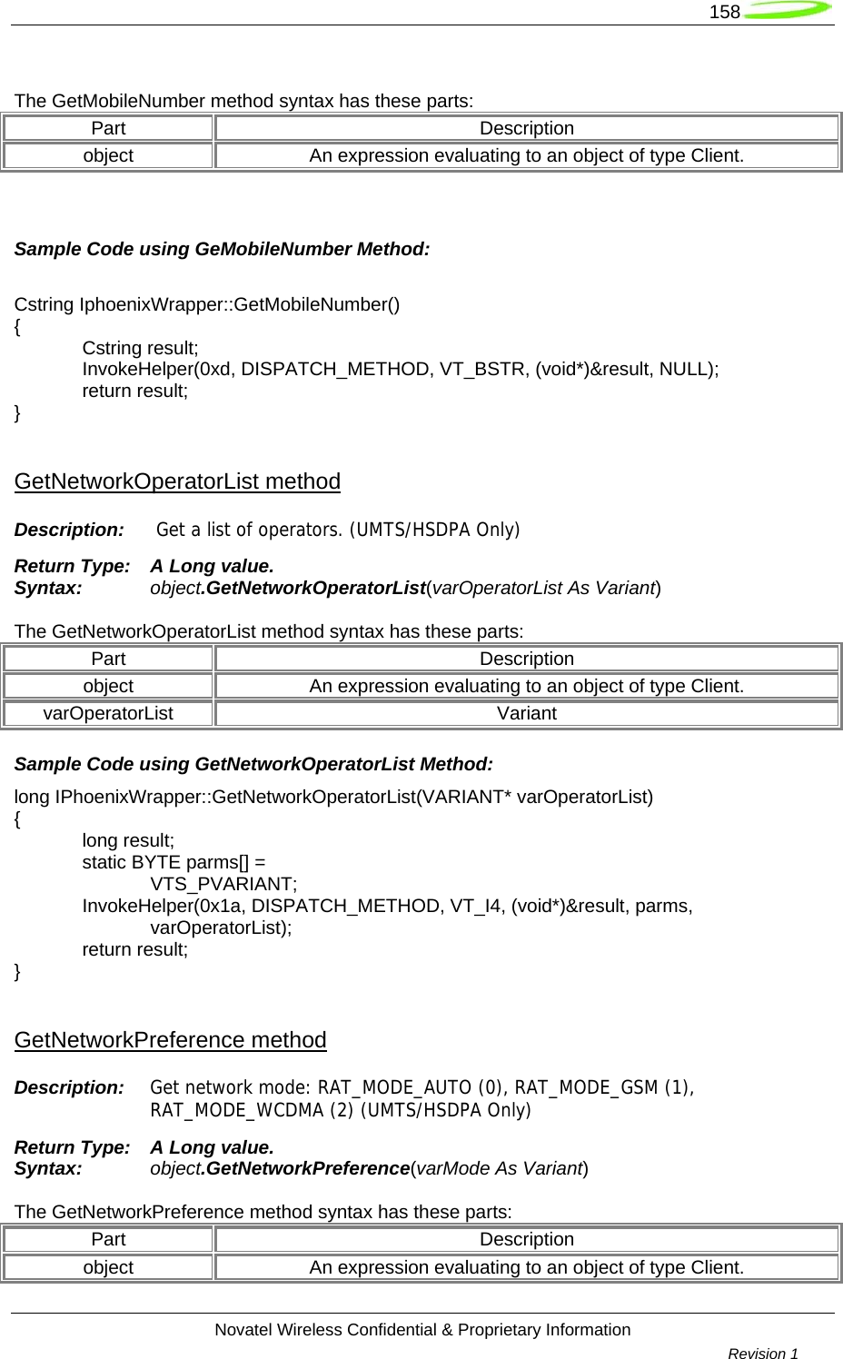   158  Novatel Wireless Confidential &amp; Proprietary Information        Revision 1    The GetMobileNumber method syntax has these parts: Part Description object  An expression evaluating to an object of type Client.   Sample Code using GeMobileNumber Method:  Cstring IphoenixWrapper::GetMobileNumber() {  Cstring result;  InvokeHelper(0xd, DISPATCH_METHOD, VT_BSTR, (void*)&amp;result, NULL);  return result; }  GetNetworkOperatorList method Description:   Get a list of operators. (UMTS/HSDPA Only) Return Type:  A Long value. Syntax:  object.GetNetworkOperatorList(varOperatorList As Variant)  The GetNetworkOperatorList method syntax has these parts: Part Description object  An expression evaluating to an object of type Client. varOperatorList Variant Sample Code using GetNetworkOperatorList Method: long IPhoenixWrapper::GetNetworkOperatorList(VARIANT* varOperatorList) {  long result;   static BYTE parms[] =   VTS_PVARIANT;  InvokeHelper(0x1a, DISPATCH_METHOD, VT_I4, (void*)&amp;result, parms,   varOperatorList);  return result; }  GetNetworkPreference method Description:  Get network mode: RAT_MODE_AUTO (0), RAT_MODE_GSM (1), RAT_MODE_WCDMA (2) (UMTS/HSDPA Only) Return Type:  A Long value. Syntax:  object.GetNetworkPreference(varMode As Variant)  The GetNetworkPreference method syntax has these parts: Part Description object  An expression evaluating to an object of type Client. 