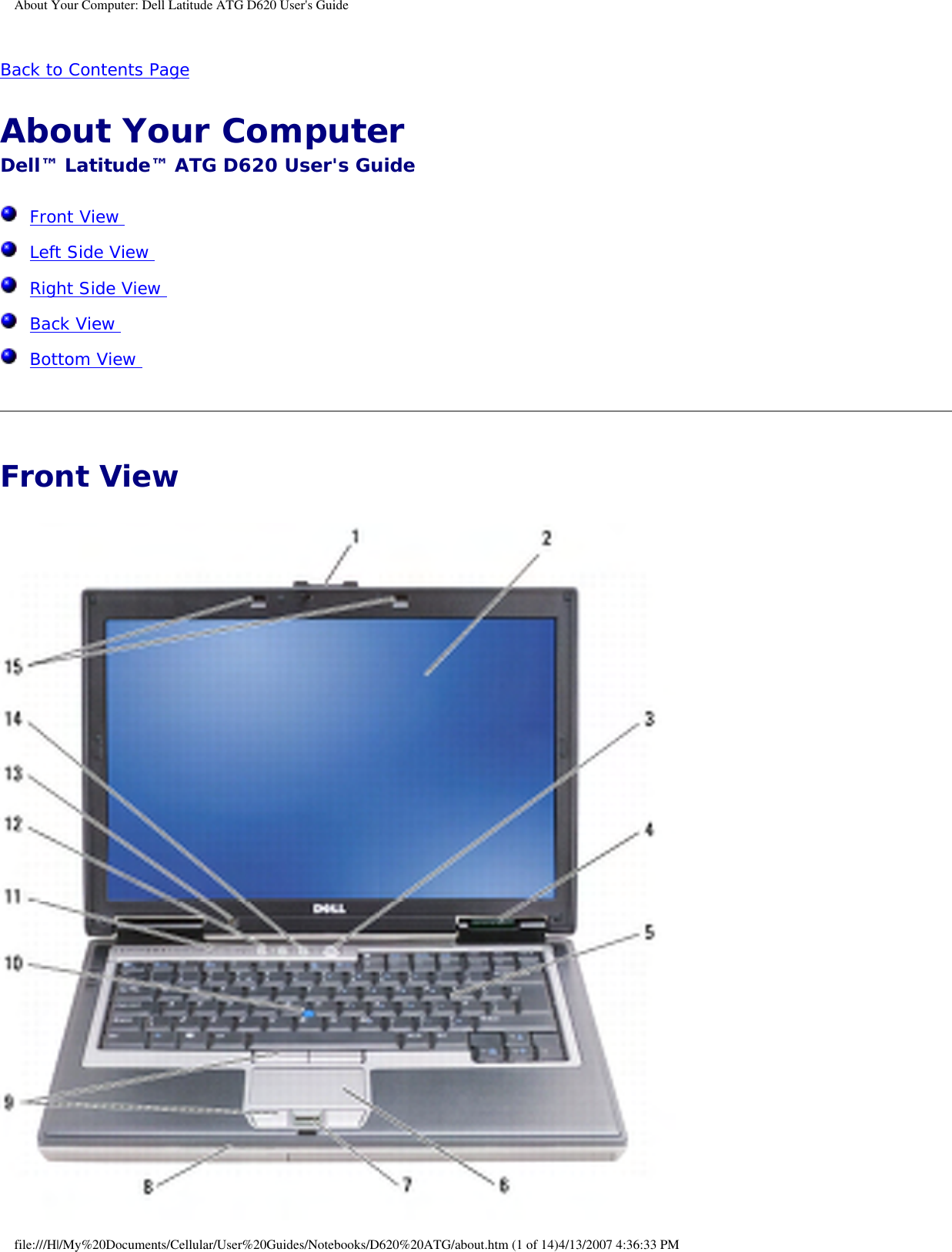 About Your Computer: Dell Latitude ATG D620 User&apos;s GuideBack to Contents Page About Your Computer Dell™ Latitude™ ATG D620 User&apos;s Guide  Front View   Left Side View   Right Side View   Back View   Bottom View  Front View file:///H|/My%20Documents/Cellular/User%20Guides/Notebooks/D620%20ATG/about.htm (1 of 14)4/13/2007 4:36:33 PM
