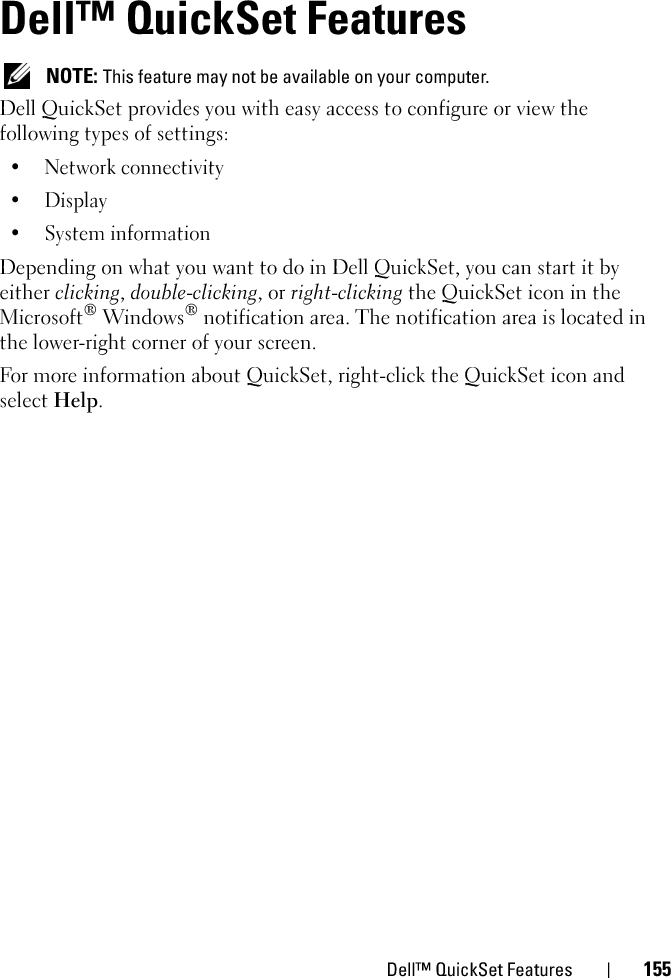 156 Dell™ QuickSet Features