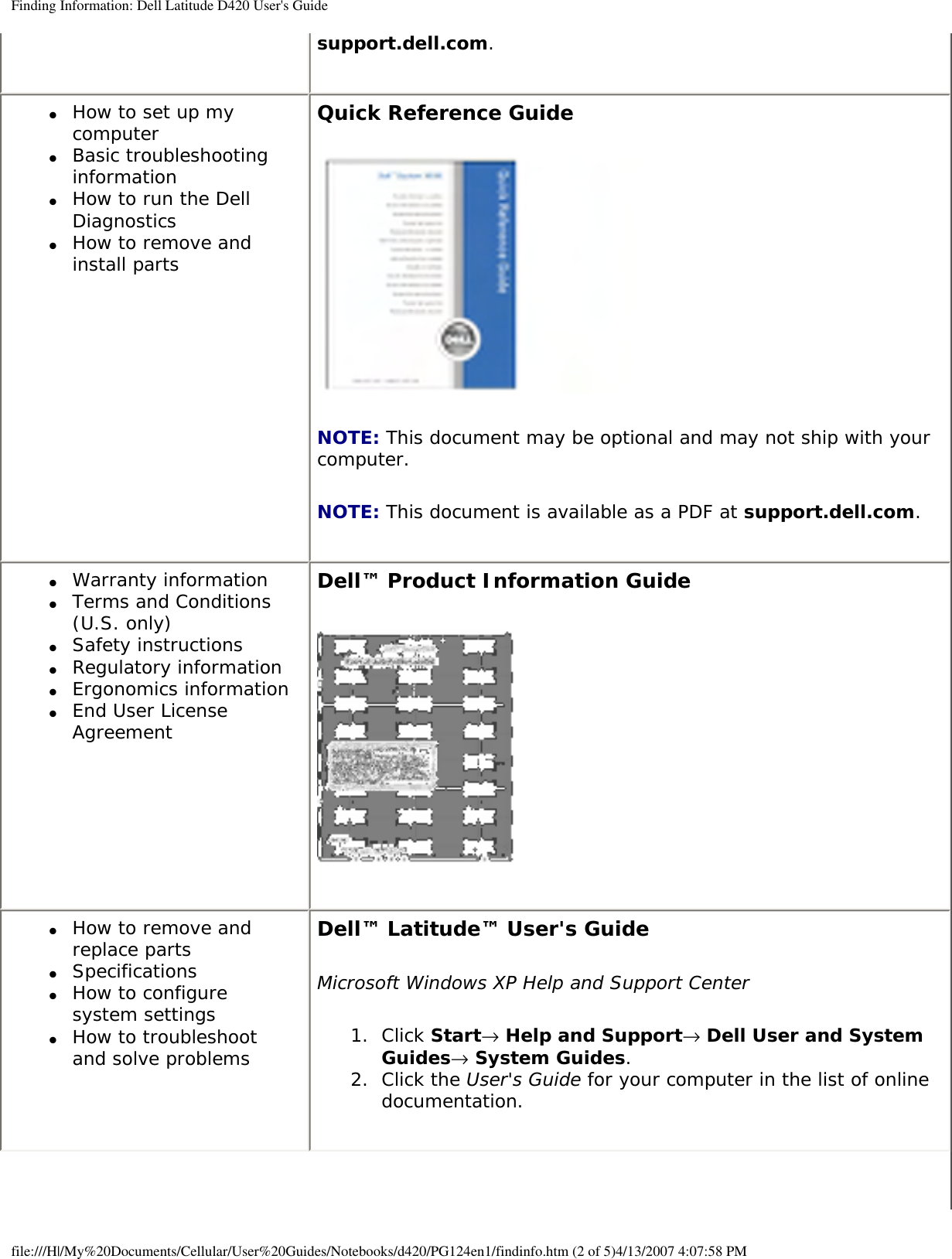Finding Information: Dell Latitude D420 User&apos;s Guidesupport.dell.com.●     How to set up my computer●     Basic troubleshooting information●     How to run the Dell Diagnostics●     How to remove and install partsQuick Reference Guide NOTE: This document may be optional and may not ship with your computer.NOTE: This document is available as a PDF at support.dell.com.●     Warranty information●     Terms and Conditions (U.S. only)●     Safety instructions●     Regulatory information●     Ergonomics information●     End User License AgreementDell™ Product Information Guide ●     How to remove and replace parts●     Specifications●     How to configure system settings●     How to troubleshoot and solve problemsDell™ Latitude™ User&apos;s GuideMicrosoft Windows XP Help and Support Center1.  Click Start→ Help and Support→ Dell User and System Guides→ System Guides. 2.  Click the User&apos;s Guide for your computer in the list of online documentation. file:///H|/My%20Documents/Cellular/User%20Guides/Notebooks/d420/PG124en1/findinfo.htm (2 of 5)4/13/2007 4:07:58 PM