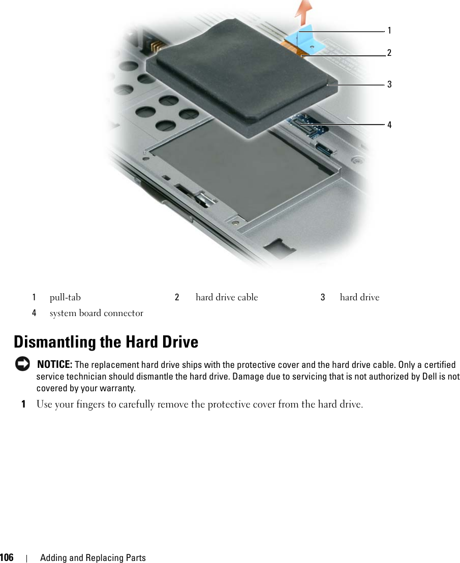 106 Adding and Replacing PartsDismantling the Hard Drive NOTICE: The replacement hard drive ships with the protective cover and the hard drive cable. Only a certified service technician should dismantle the hard drive. Damage due to servicing that is not authorized by Dell is not covered by your warranty.1Use your fingers to carefully remove the protective cover from the hard drive.1pull-tab 2hard drive cable 3hard drive4system board connector1342