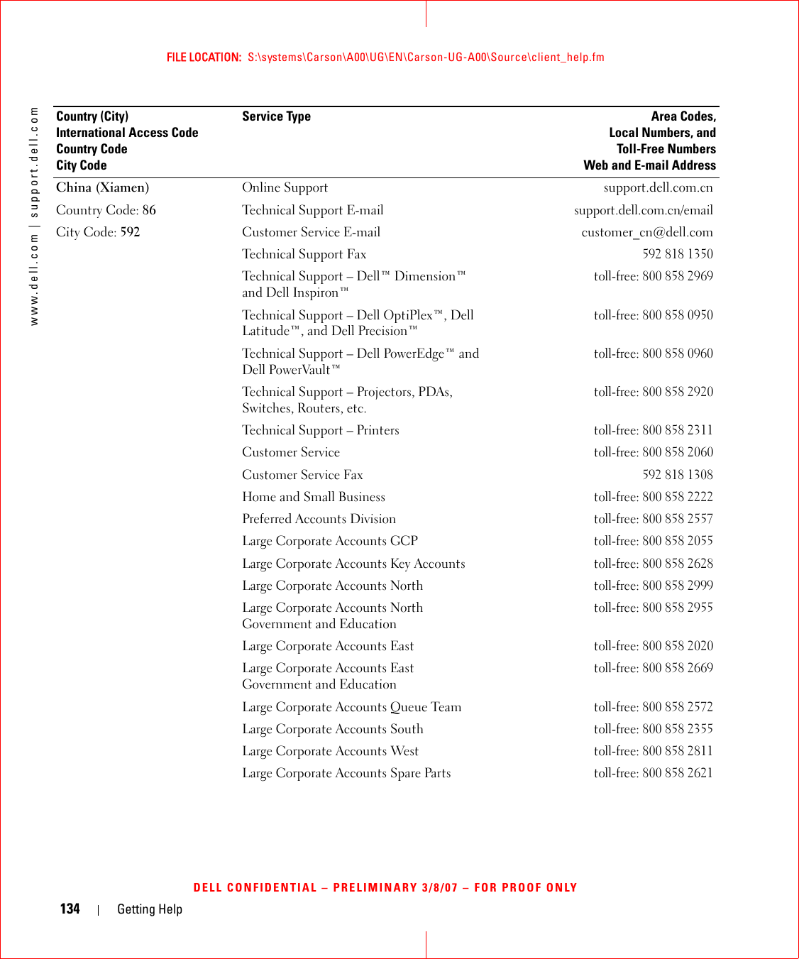 134 Getting Helpwww.dell.com | support.dell.comFILE LOCATION:  S:\systems\Carson\A00\UG\EN\Carson-UG-A00\Source\client_help.fmDELL CONFIDENTIAL – PRELIMINARY 3/8/07 – FOR PROOF ONLYChina (Xiamen)Country Code: 86City Code: 592Online Support support.dell.com.cnTechnical Support E-mail support.dell.com.cn/emailCustomer Service E-mail  customer_cn@dell.comTechnical Support Fax592 818 1350Technical Support – Dell™ Dimension™ and Dell Inspiron™toll-free: 800 858 2969Technical Support – Dell OptiPlex™, Dell Latitude™, and Dell Precision™toll-free: 800 858 0950Technical Support – Dell PowerEdge™ and Dell PowerVault™toll-free: 800 858 0960Technical Support – Projectors, PDAs, Switches, Routers, etc.toll-free: 800 858 2920Technical Support – Printerstoll-free: 800 858 2311Customer Servicetoll-free: 800 858 2060Customer Service Fax592 818 1308Home and Small Businesstoll-free: 800 858 2222Preferred Accounts Divisiontoll-free: 800 858 2557Large Corporate Accounts GCPtoll-free: 800 858 2055Large Corporate Accounts Key Accountstoll-free: 800 858 2628Large Corporate Accounts Northtoll-free: 800 858 2999Large Corporate Accounts North Government and Educationtoll-free: 800 858 2955Large Corporate Accounts East toll-free: 800 858 2020Large Corporate Accounts East Government and Educationtoll-free: 800 858 2669Large Corporate Accounts Queue Teamtoll-free: 800 858 2572Large Corporate Accounts Southtoll-free: 800 858 2355Large Corporate Accounts Westtoll-free: 800 858 2811Large Corporate Accounts Spare Parts toll-free: 800 858 2621Country (City)International Access Code Country CodeCity CodeService Type Area Codes,Local Numbers, andToll-Free NumbersWeb and E-mail Address