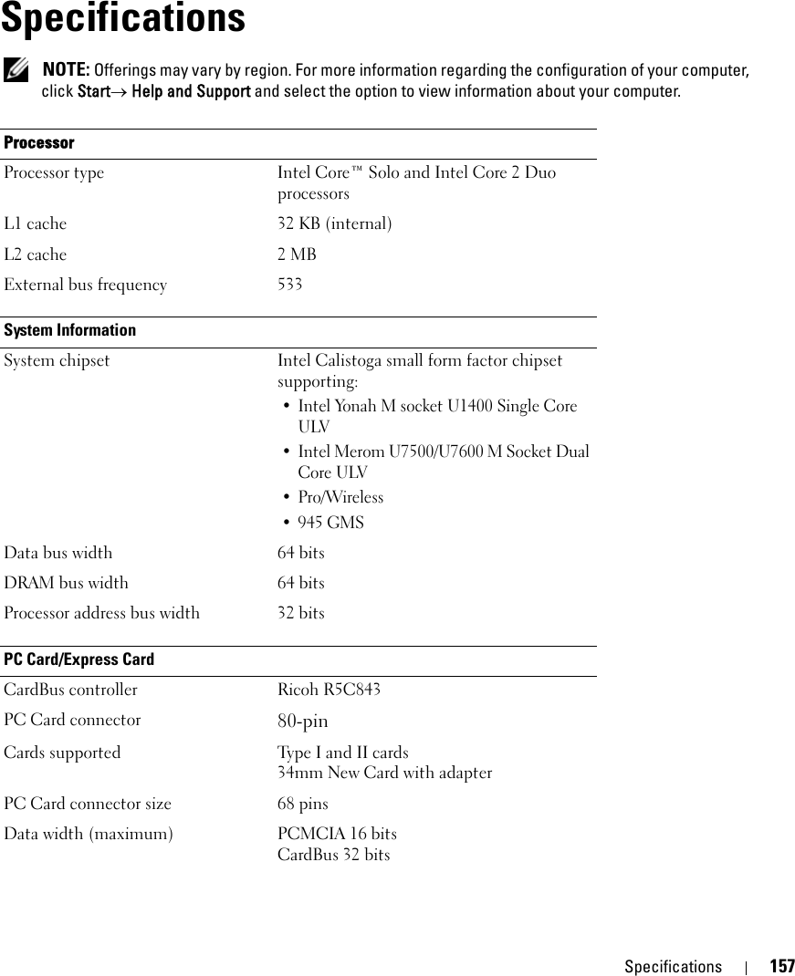 Specifications 15718Specifications NOTE: Offerings may vary by region. For more information regarding the configuration of your computer, click Start→ Help and Support and select the option to view information about your computer.ProcessorProcessor type Intel Core™ Solo and Intel Core 2 Duo processorsL1 cache 32 KB (internal)L2 cache 2 MB External bus frequency 533System InformationSystem chipset  Intel Calistoga small form factor chipset supporting:• Intel Yonah M socket U1400 Single Core ULV • Intel Merom U7500/U7600 M Socket Dual Core ULV• Pro/Wireless•945 GMSData bus width 64 bitsDRAM bus width 64 bitsProcessor address bus width 32 bitsPC Card/Express CardCardBus controller Ricoh R5C843PC Card connector 80-pinCards supported Type I and II cards34mm New Card with adapterPC Card connector size 68 pinsData width (maximum) PCMCIA 16 bitsCardBus 32 bits