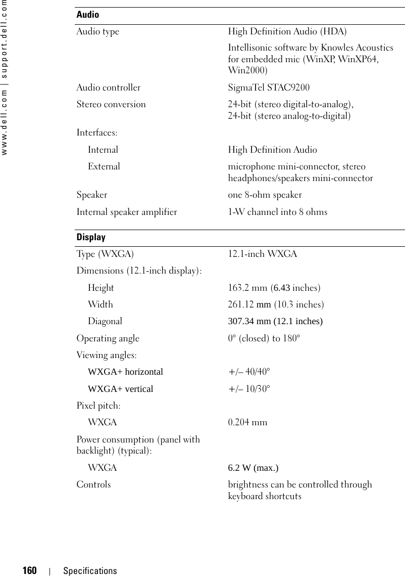 160 Specificationswww.dell.com | support.dell.comAudioAudio type High Definition Audio (HDA)Intellisonic software by Knowles Acoustics for embedded mic (WinXP, WinXP64, Win2000)Audio controller SigmaTel STAC9200Stereo conversion 24-bit (stereo digital-to-analog), 24-bit (stereo analog-to-digital)Interfaces:InternalHigh Definition AudioExternalmicrophone mini-connector, stereo headphones/speakers mini-connectorSpeaker one 8-ohm speakerInternal speaker amplifier 1-W channel into 8 ohmsDisplayType (WXGA) 12.1-inch WXGADimensions (12.1-inch display):Height163.2 mm (6.43 inches) Width261.12 mm (10.3 inches)Diagonal307.34 mm (12.1 inches)Operating angle 0° (closed) to 180°Viewing angles:WXGA+ horizontal  +/– 40/40°WXGA+ vertical +/– 10/30°Pixel pitch:WXGA0.204 mm Power consumption (panel with backlight) (typical):WXGA6.2 W (max.)Controls brightness can be controlled through keyboard shortcuts