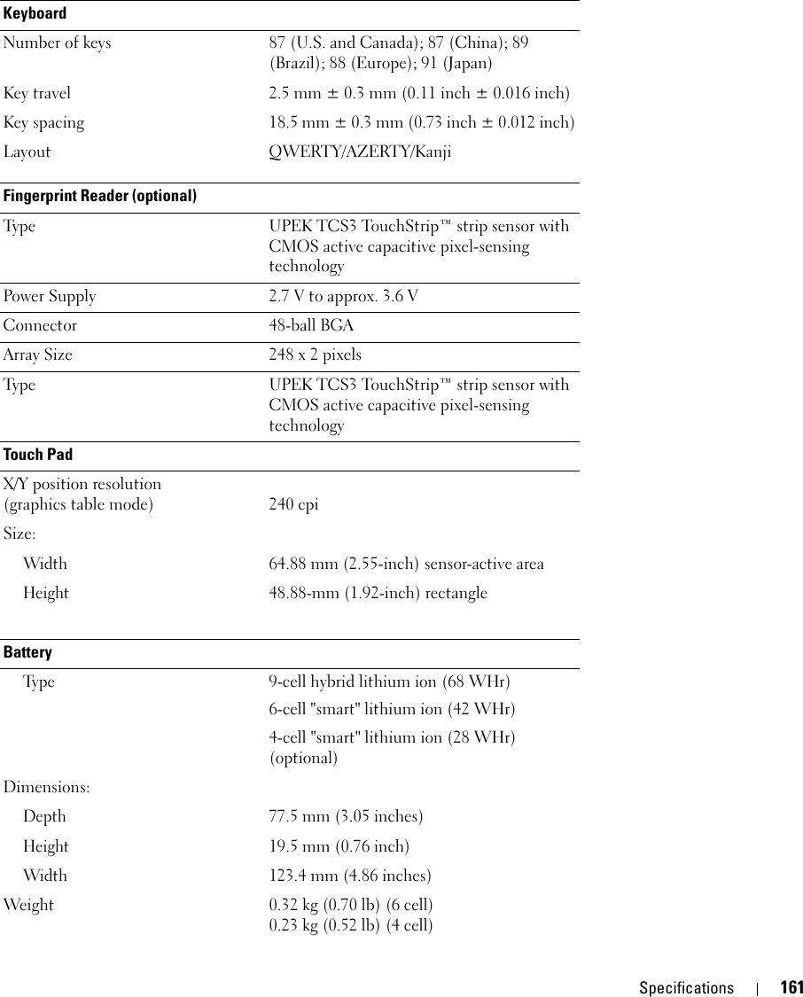 Specifications 161KeyboardNumber of keys 87 (U.S. and Canada); 87 (China); 89 (Brazil); 88 (Europe); 91 (Japan)Key travel 2.5 mm ± 0.3 mm (0.11 inch ± 0.016 inch)Key spacing 18.5 mm ± 0.3 mm (0.73 inch ± 0.012 inch)Layout QWERTY/AZERTY/KanjiFingerprint Reader (optional)Type UPEK TCS3 TouchStrip™ strip sensor with CMOS active capacitive pixel-sensing technologyPower Supply 2.7 V to approx. 3.6 V Connector 48-ball BGAArray Size 248 x 2 pixelsType UPEK TCS3 TouchStrip™ strip sensor with CMOS active capacitive pixel-sensing technologyTouch PadX/Y position resolution (graphics table mode) 240 cpiSize:Width64.88 mm (2.55-inch) sensor-active areaHeight48.88-mm (1.92-inch) rectangleBatteryTy p e9-cell hybrid lithium ion (68 WHr)6-cell &quot;smart&quot; lithium ion (42 WHr)4-cell &quot;smart&quot; lithium ion (28 WHr) (optional)Dimensions:Depth77.5 mm (3.05 inches)Height19.5 mm (0.76 inch)Width123.4 mm (4.86 inches)Weight 0.32 kg (0.70 lb) (6 cell) 0.23 kg (0.52 lb) (4 cell)