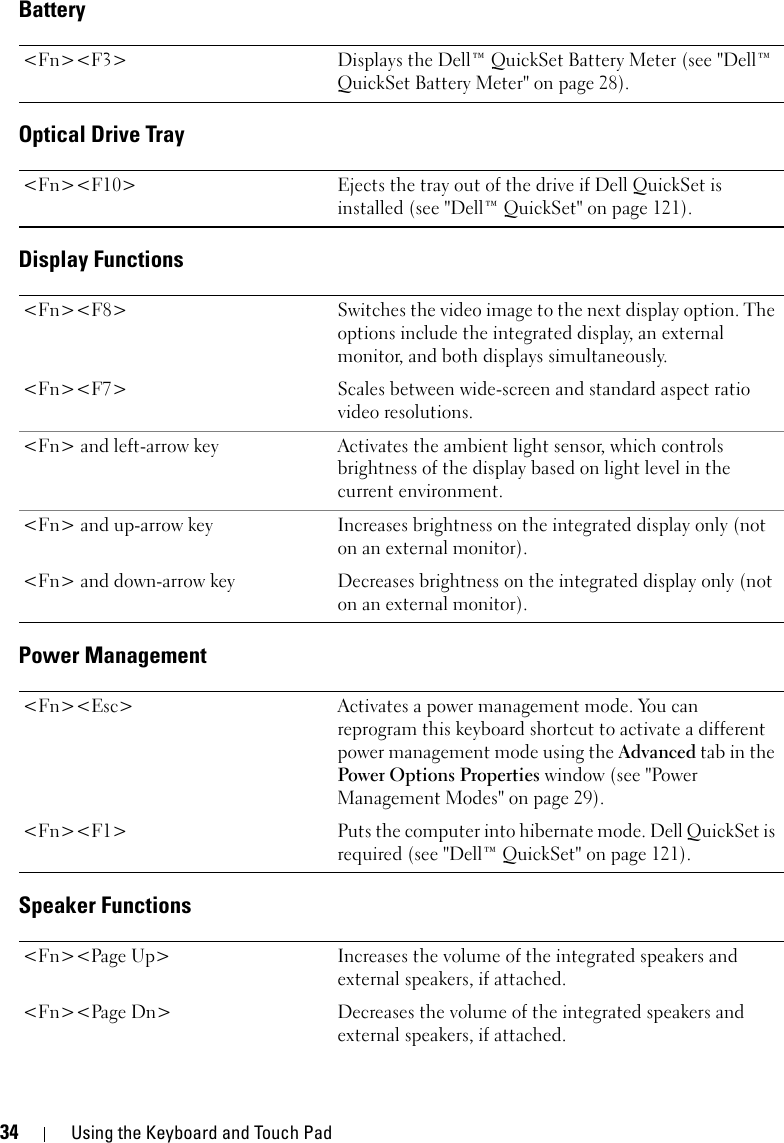 34 Using the Keyboard and Touch PadBatteryOptical Drive TrayDisplay FunctionsPower ManagementSpeaker Functions&lt;Fn&gt;&lt;F3&gt; Displays the Dell™ QuickSet Battery Meter (see &quot;Dell™ QuickSet Battery Meter&quot; on page 28).&lt;Fn&gt;&lt;F10&gt; Ejects the tray out of the drive if Dell QuickSet is installed (see &quot;Dell™ QuickSet&quot; on page 121). &lt;Fn&gt;&lt;F8&gt; Switches the video image to the next display option. The options include the integrated display, an external monitor, and both displays simultaneously.&lt;Fn&gt;&lt;F7&gt; Scales between wide-screen and standard aspect ratio video resolutions.&lt;Fn&gt; and left-arrow key Activates the ambient light sensor, which controls brightness of the display based on light level in the current environment.&lt;Fn&gt; and up-arrow key Increases brightness on the integrated display only (not on an external monitor).&lt;Fn&gt; and down-arrow key Decreases brightness on the integrated display only (not on an external monitor).&lt;Fn&gt;&lt;Esc&gt; Activates a power management mode. You can reprogram this keyboard shortcut to activate a different power management mode using the Advanced tab in the Power Options Properties window (see &quot;Power Management Modes&quot; on page 29).&lt;Fn&gt;&lt;F1&gt; Puts the computer into hibernate mode. Dell QuickSet is required (see &quot;Dell™ QuickSet&quot; on page 121).&lt;Fn&gt;&lt;Page Up&gt; Increases the volume of the integrated speakers and external speakers, if attached.&lt;Fn&gt;&lt;Page Dn&gt; Decreases the volume of the integrated speakers and external speakers, if attached.
