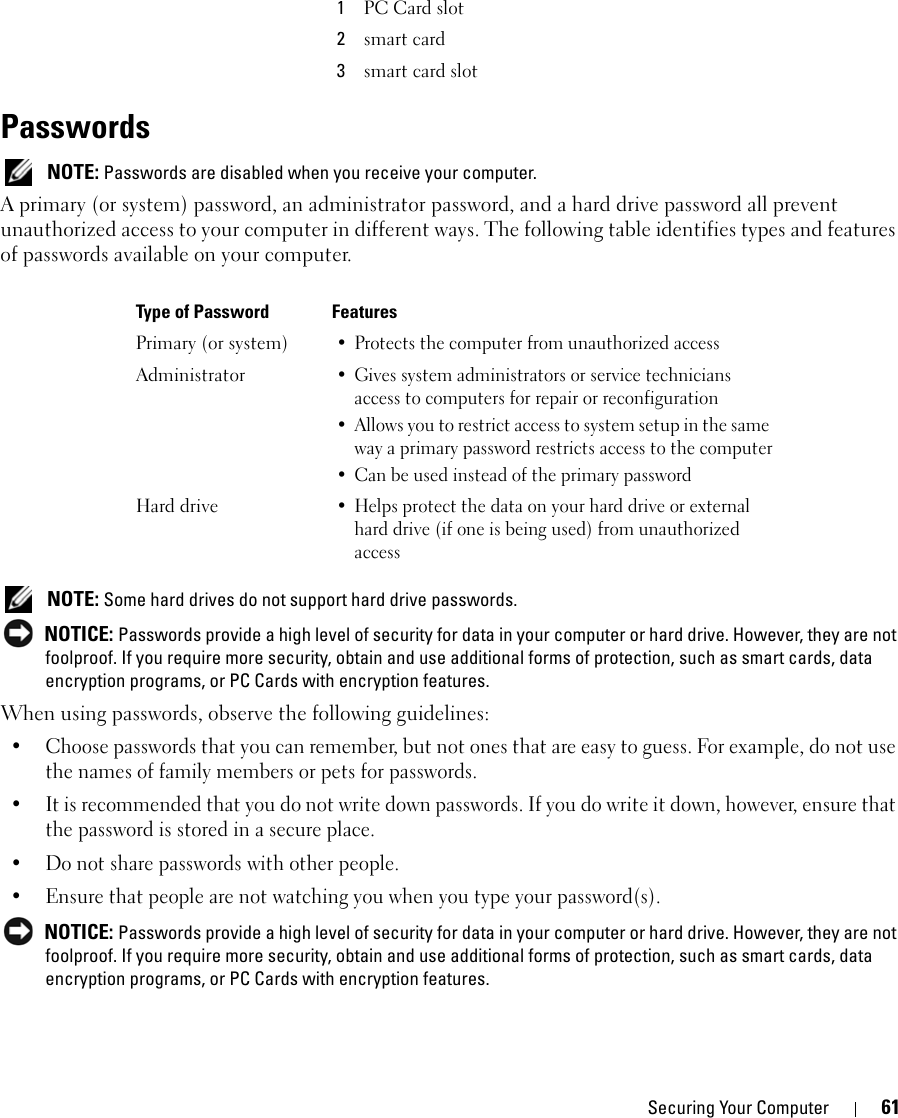 Securing Your Computer 61Passwords NOTE: Passwords are disabled when you receive your computer.A primary (or system) password, an administrator password, and a hard drive password all prevent unauthorized access to your computer in different ways. The following table identifies types and features of passwords available on your computer. NOTE: Some hard drives do not support hard drive passwords.  NOTICE: Passwords provide a high level of security for data in your computer or hard drive. However, they are not foolproof. If you require more security, obtain and use additional forms of protection, such as smart cards, data encryption programs, or PC Cards with encryption features. When using passwords, observe the following guidelines:• Choose passwords that you can remember, but not ones that are easy to guess. For example, do not use the names of family members or pets for passwords.• It is recommended that you do not write down passwords. If you do write it down, however, ensure that the password is stored in a secure place.• Do not share passwords with other people.• Ensure that people are not watching you when you type your password(s). NOTICE: Passwords provide a high level of security for data in your computer or hard drive. However, they are not foolproof. If you require more security, obtain and use additional forms of protection, such as smart cards, data encryption programs, or PC Cards with encryption features. 1PC Card slot2smart card3smart card slotType of Password FeaturesPrimary (or system)• Protects the computer from unauthorized accessAdministrator• Gives system administrators or service technicians access to computers for repair or reconfiguration• Allows you to restrict access to system setup in the same way a primary password restricts access to the computer• Can be used instead of the primary passwordHard drive• Helps protect the data on your hard drive or external hard drive (if one is being used) from unauthorized access