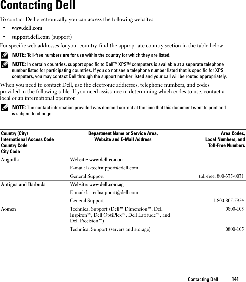 Contacting Dell 141Contacting Dell To contact Dell electronically, you can access the following websites:• www.dell.com•support.dell.com (support)For specific web addresses for your country, find the appropriate country section in the table below.  NOTE: Toll-free numbers are for use within the country for which they are listed. NOTE: In certain countries, support specific to Dell™ XPS™ computers is available at a separate telephone number listed for participating countries. If you do not see a telephone number listed that is specific for XPS computers, you may contact Dell through the support number listed and your call will be routed appropriately.When you need to contact Dell, use the electronic addresses, telephone numbers, and codes provided in the following table. If you need assistance in determining which codes to use, contact a local or an international operator.  NOTE: The contact information provided was deemed correct at the time that this document went to print and is subject to change.Country (City)International Access Code Country CodeCity CodeDepartment Name or Service Area,Website and E-Mail AddressArea Codes,Local Numbers, andToll-Free NumbersAnguilla Website: www.dell.com.aiE-mail: la-techsupport@dell.comGeneral Supporttoll-free: 800-335-0031Antigua and Barbuda  Website: www.dell.com.agE-mail: la-techsupport@dell.comGeneral Support1-800-805-5924Aomen Technical Support (Dell™ Dimension™, Dell Inspiron™, Dell OptiPlex™, Dell Latitude™, and Dell Precision™)0800-105Technical Support (servers and storage)0800-105