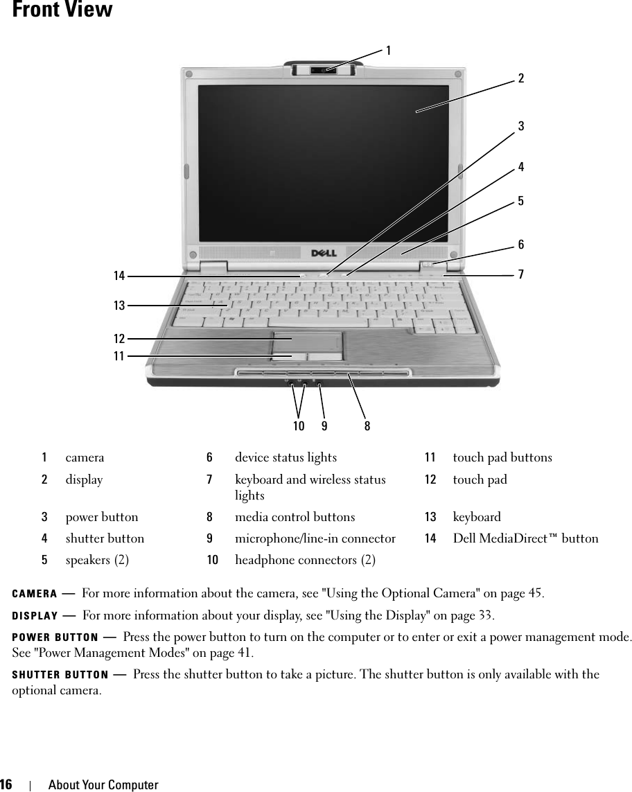 16 About Your ComputerFront ViewCAMERA —For more information about the camera, see &quot;Using the Optional Camera&quot; on page 45.DISPLAY —For more information about your display, see &quot;Using the Display&quot; on page 33.POWER BUTTON —Press the power button to turn on the computer or to enter or exit a power management mode. See &quot;Power Management Modes&quot; on page 41.SHUTTER BUTTON —Press the shutter button to take a picture. The shutter button is only available with the optional camera.1camera 6device status lights 11 touch pad buttons2display 7keyboard and wireless status lights12 touch pad3power button 8media control buttons 13 keyboard4shutter button 9microphone/line-in connector 14 Dell MediaDirect™ button5speakers (2) 10 headphone connectors (2)1256107398121311414