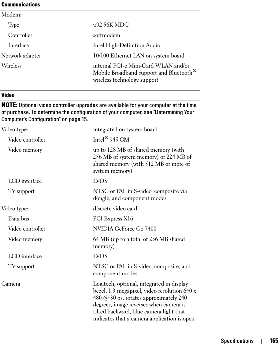 Specifications 165CommunicationsModem:Ty p ev.92 56K MDCControllersoftmodemInterfaceIntel High-Definition AudioNetwork adapter 10/100 Ethernet LAN on system boardWireless internal PCI-e Mini-Card WLAN and/or Mobile Broadband support and Bluetooth® wireless technology supportVideoNOTE: Optional video controller upgrades are available for your computer at the time of purchase. To determine the configuration of your computer, see &quot;Determining Your Computer’s Configuration&quot; on page 15.Video type: integrated on system boardVideo controllerIntel® 945 GMVideo memoryup to 128 MB of shared memory (with 256 MB of system memory) or 224 MB of shared memory (with 512 MB or more of system memory)LCD interfaceLVDSTV supportNTSC or PAL in S-video, composite via dongle, and component modesVideo type: discrete video card Data busPCI Express X16Video controllerNVIDIA GeForce Go 7400Video memory64 MB (up to a total of 256 MB shared memory)LCD interfaceLVDSTV supportNTSC or PAL in S-video, composite, and component modesCamera Logitech, optional, integrated in display bezel, 1.3 megapixel, video resolution 640 x 480 @ 30 ps, rotates approximately 240 degrees, image reverses when camera is tilted backward, blue camera light that indicates that a camera application is open